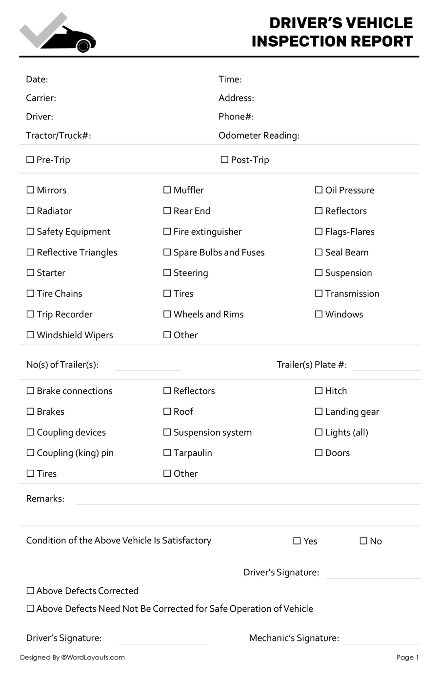 Driver s Vehicle Inspection Report Template Printable