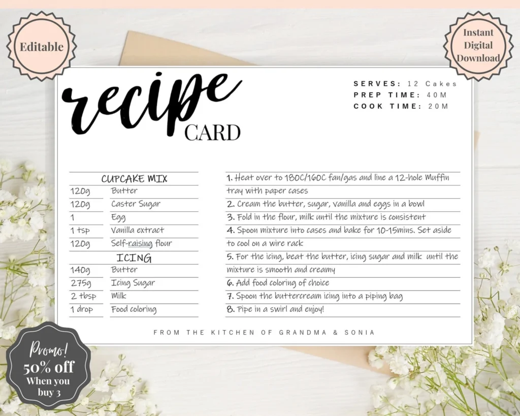 EDITABLE Recipe Card Template Printable Style 4
