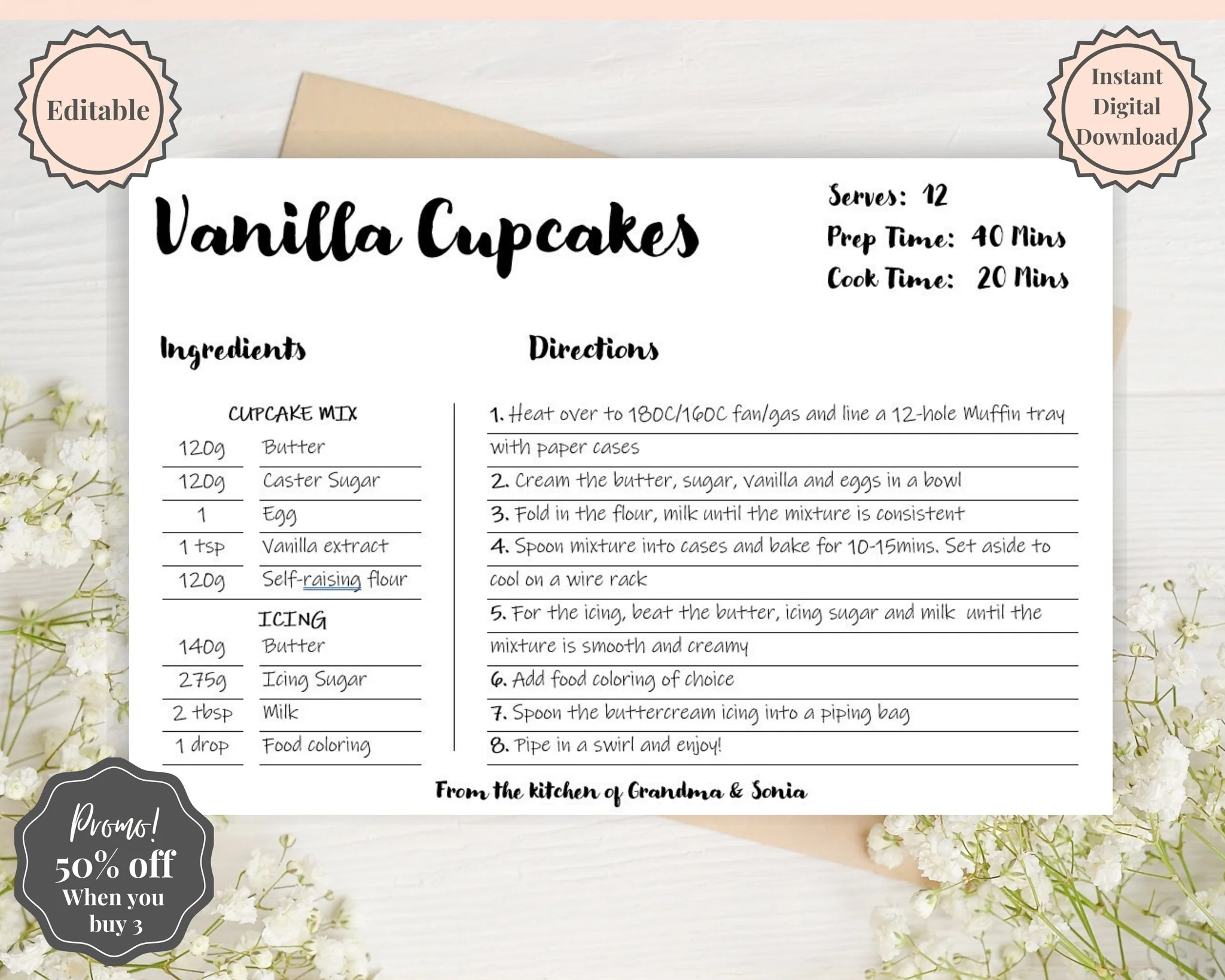 EDITABLE Recipe Card Template Printable Style 5