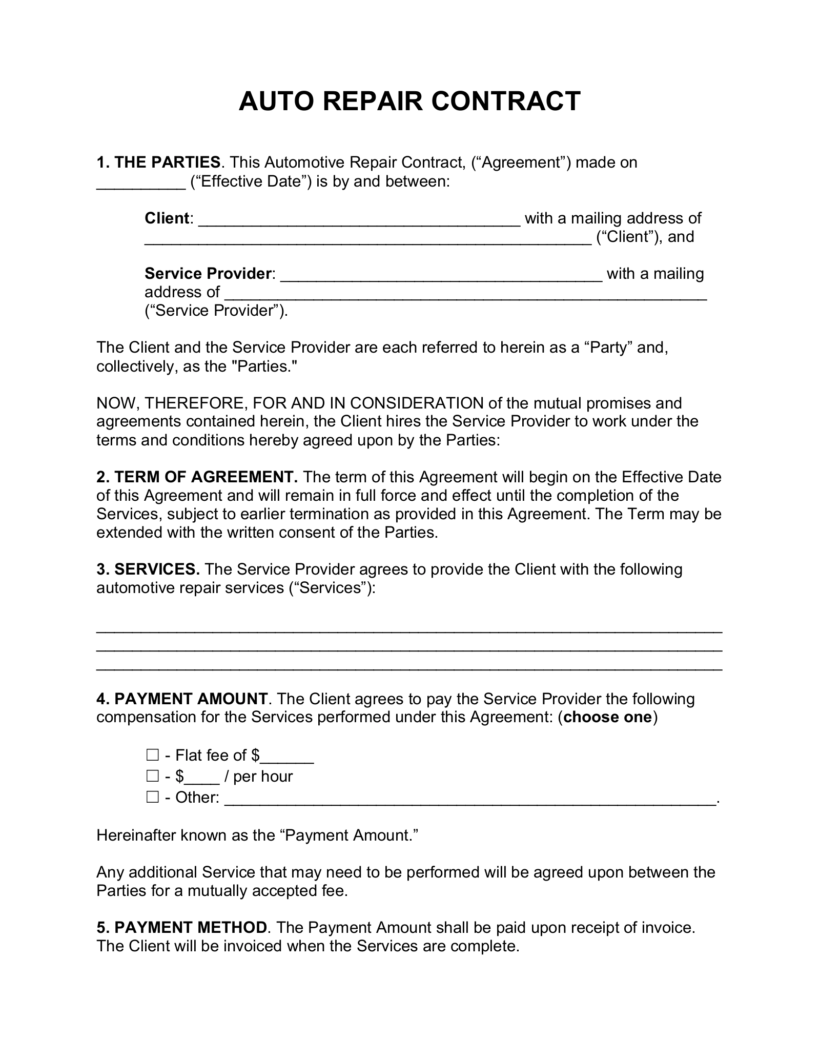 Free Auto Repair Contract Template PDF Word EForms