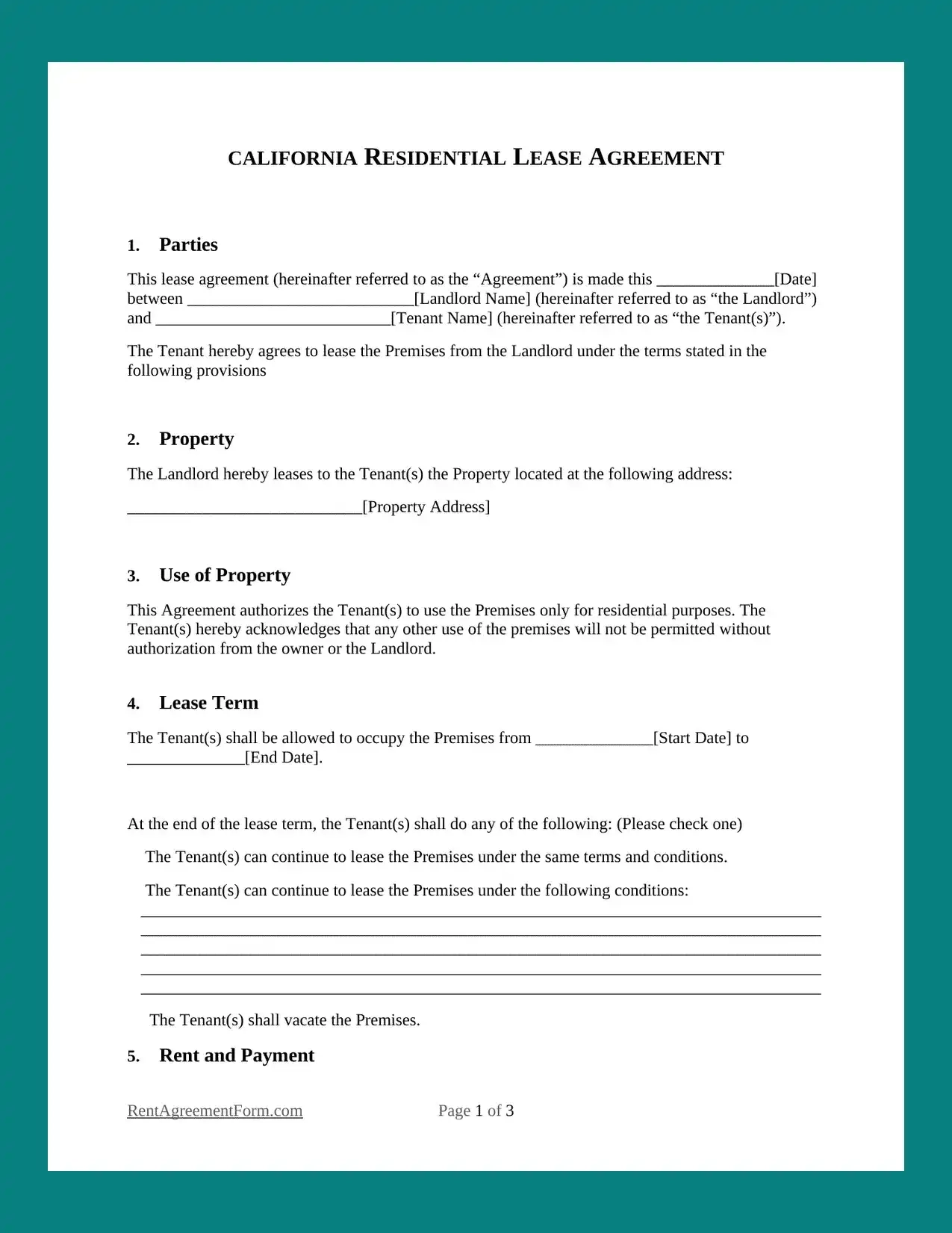Free California CA Rental Lease Agreement Form PDF