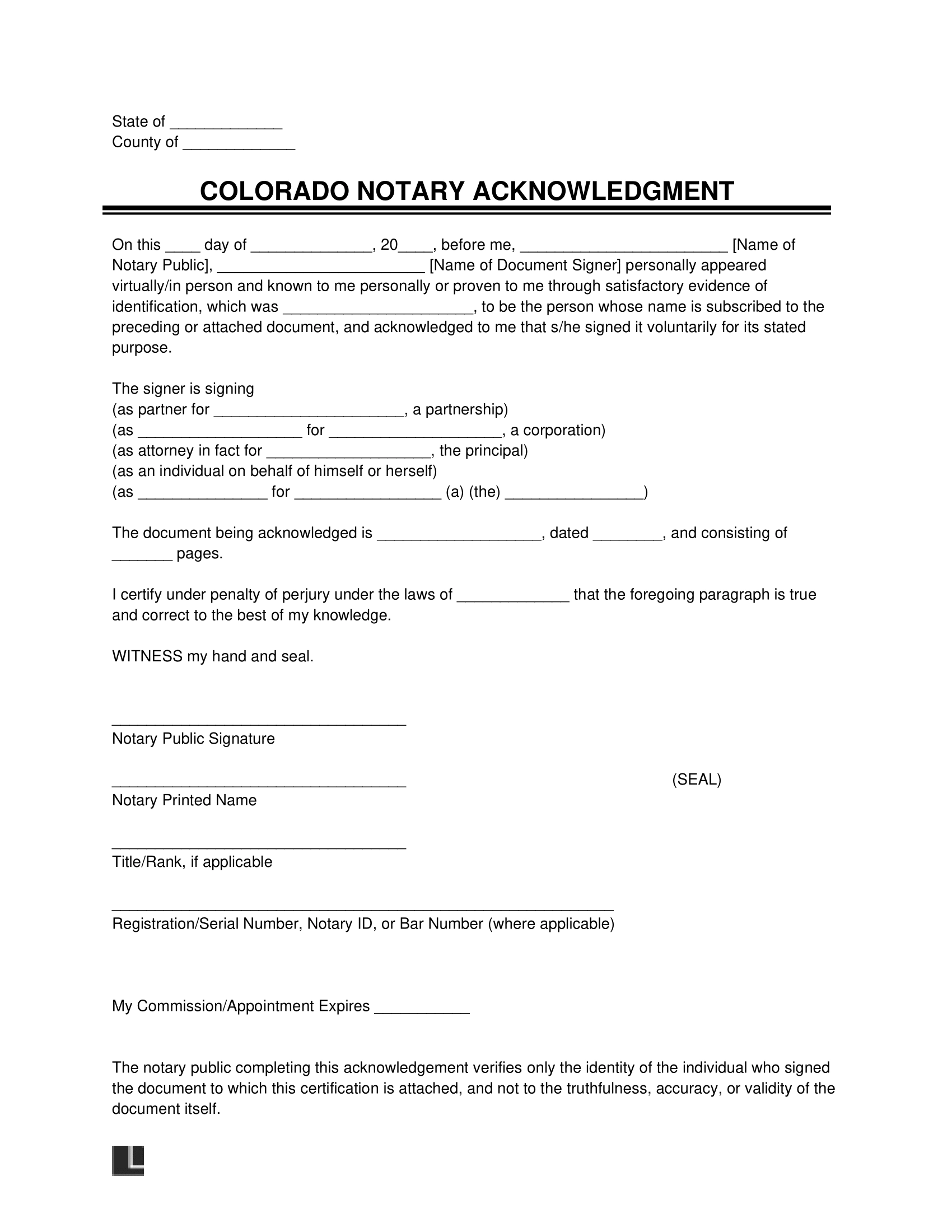 Free Colorado Notary Acknowledgment Form PDF Word