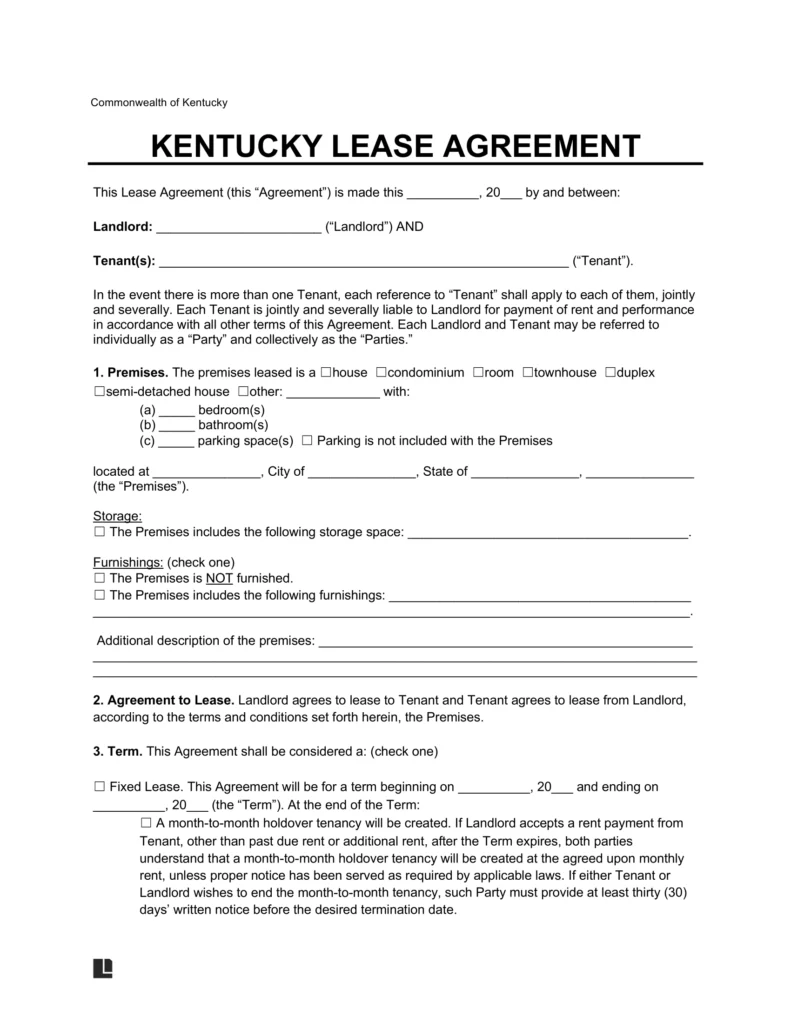 Free Kentucky Lease Agreement Templates 6 PDF Word
