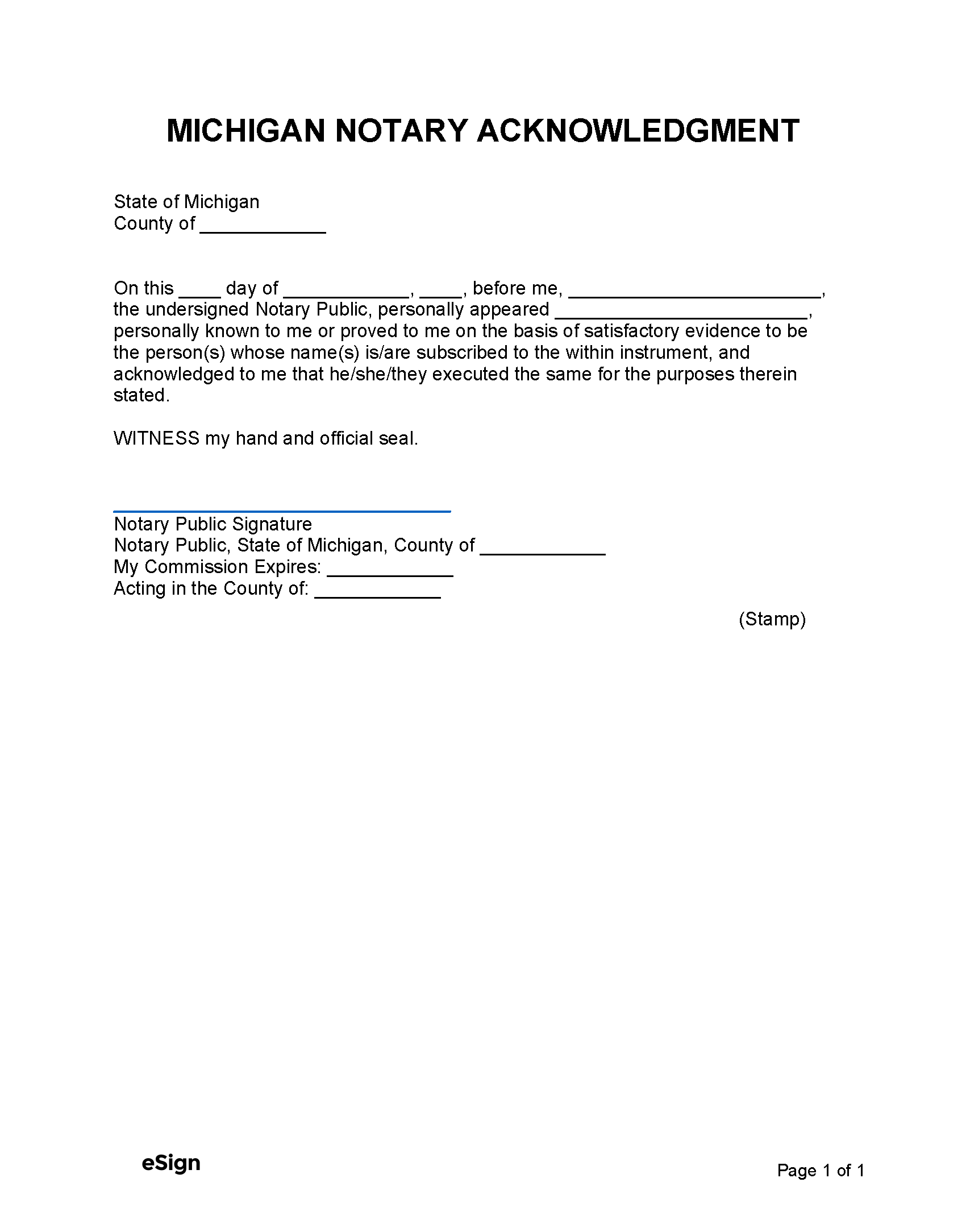 Free Michigan Notary Acknowledgment Form PDF Word