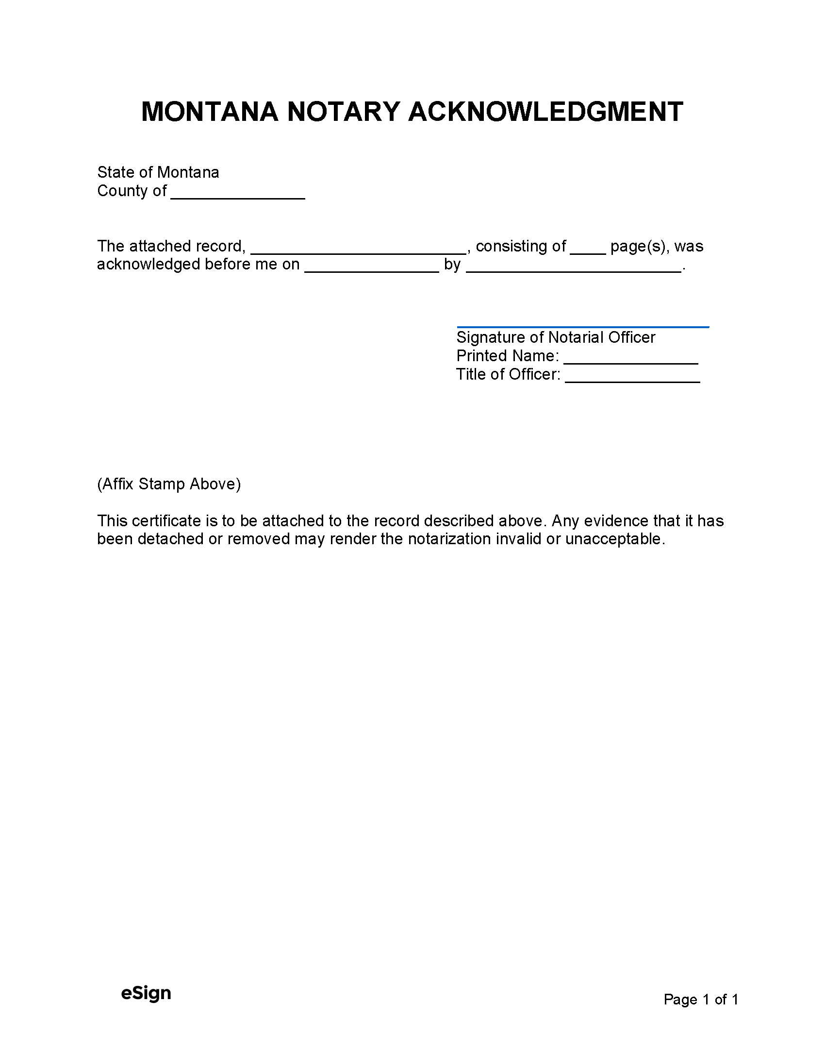 Free Montana Notary Acknowledgment Form PDF Word