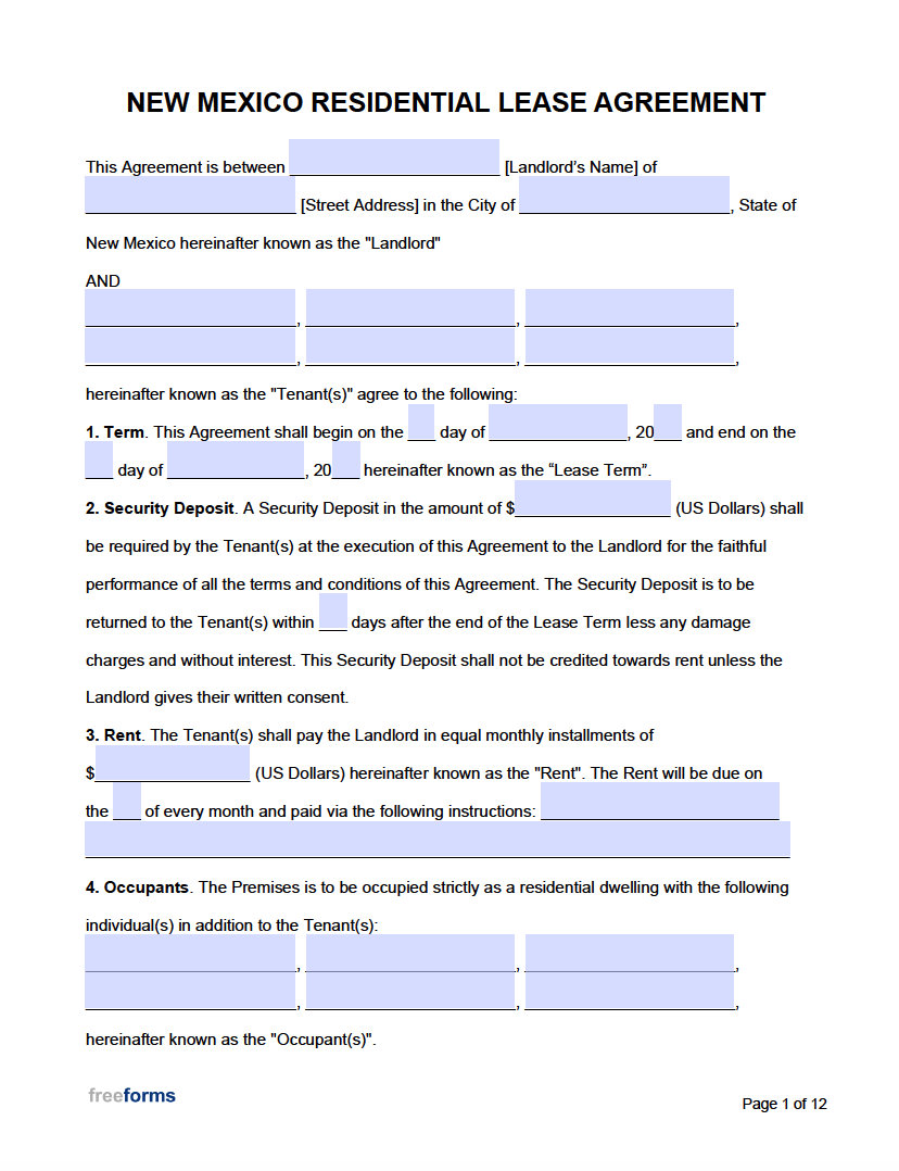 Free New Mexico Rental Lease Agreement Templates 7 PDF Word