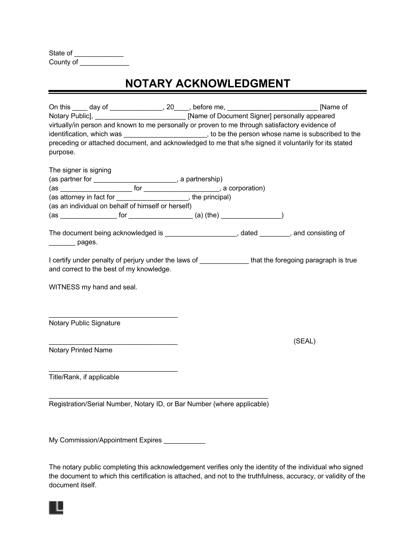 Free Notary Acknowledgment Form PDF Word Free Notary Acknowledgment Form PDF Word