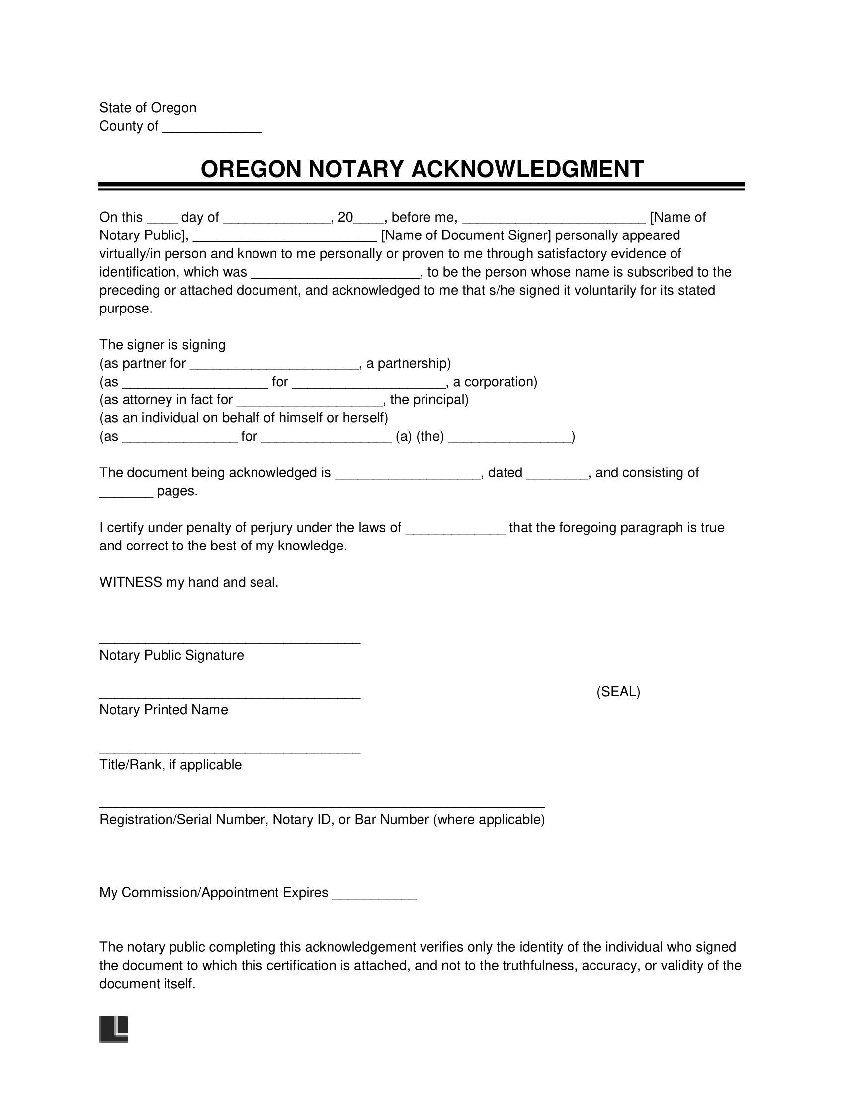 Free Oregon Notary Acknowledgment Form PDF Word Free Oregon Notary Acknowledgment Form PDF Word