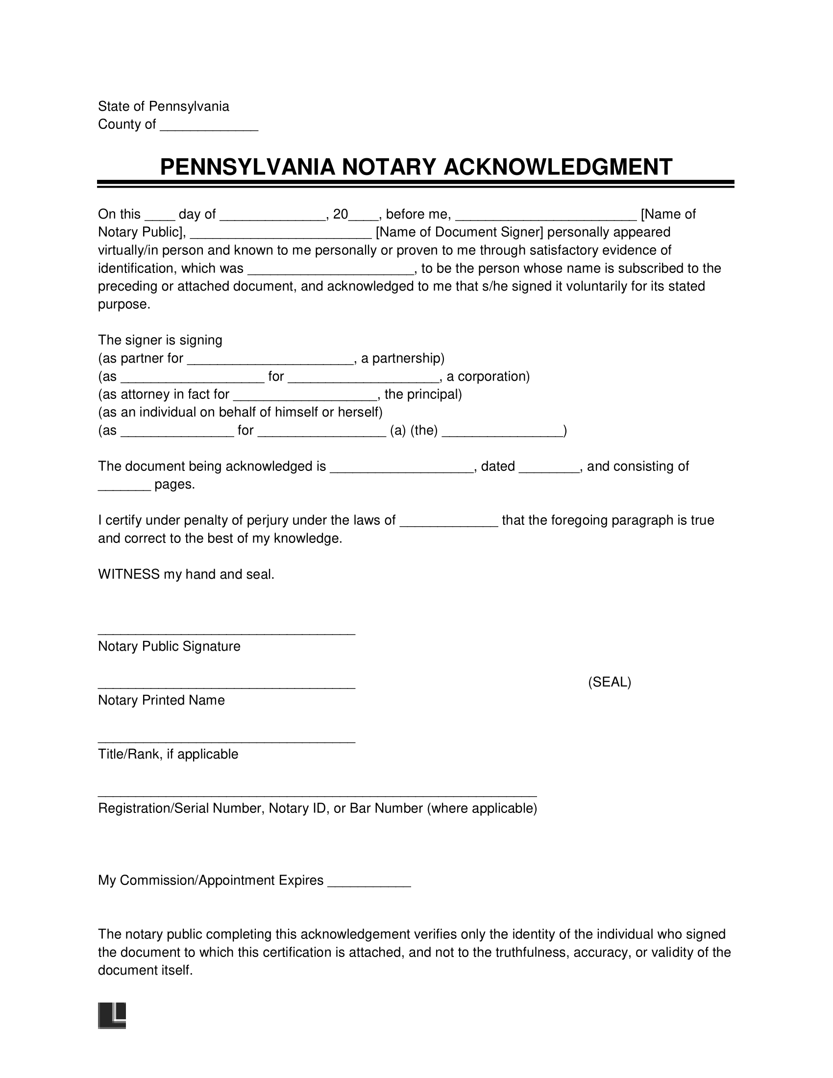 Free Pennsylvania Notary Acknowledgment Form PDF Word