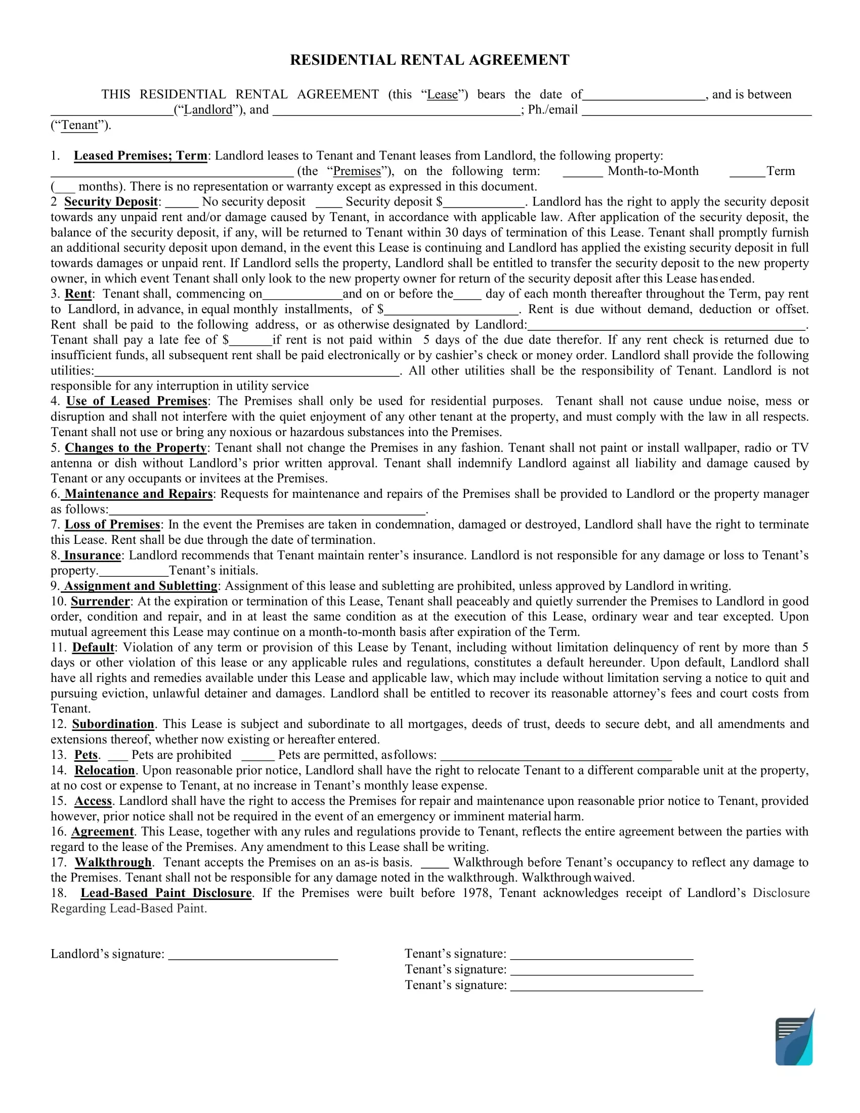 Free Printable Basic Rental Agreement One page Rental Form Free Printable Basic Rental Agreement One page Rental Form