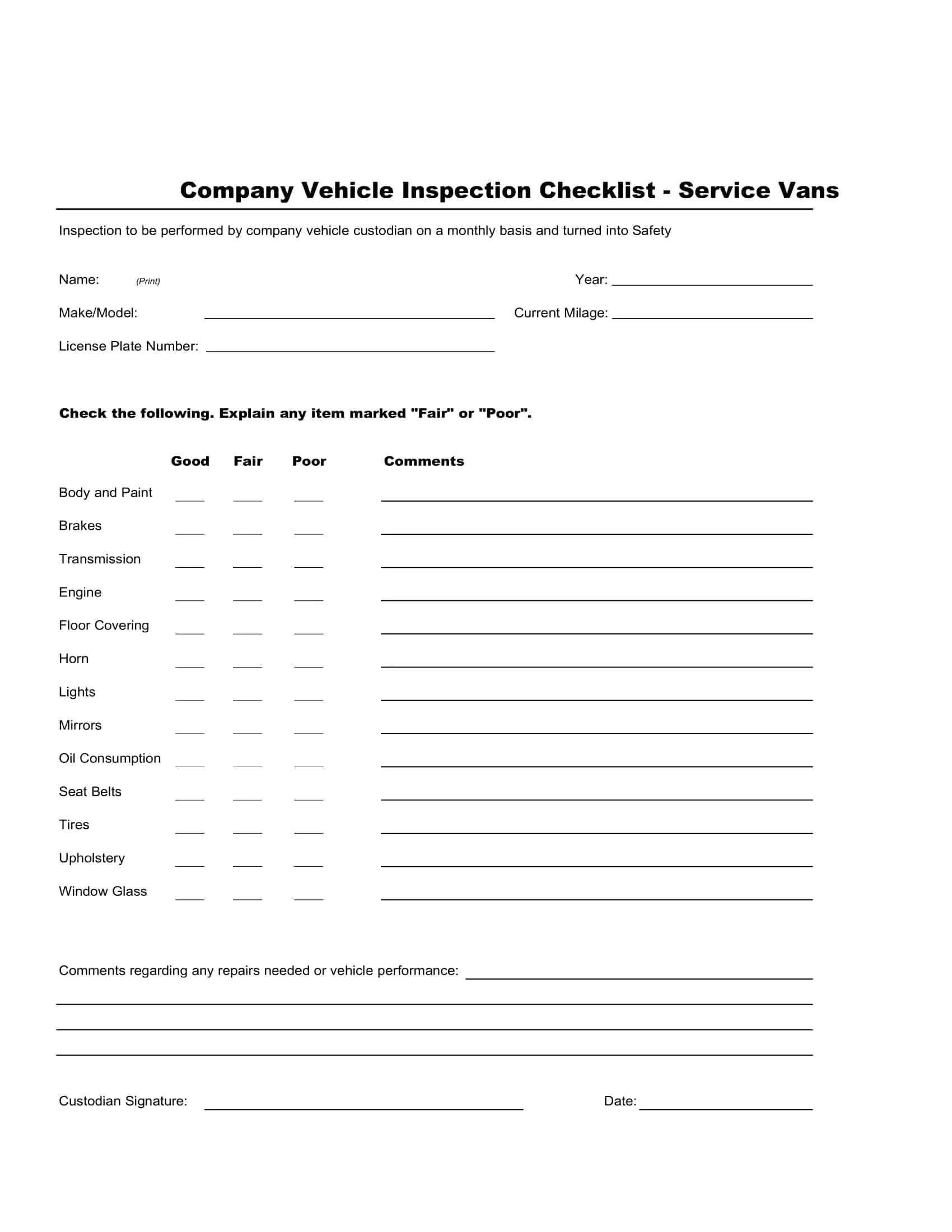 Free Printable Vehicle Checklist Inspection Maintenance Word PDF Excel