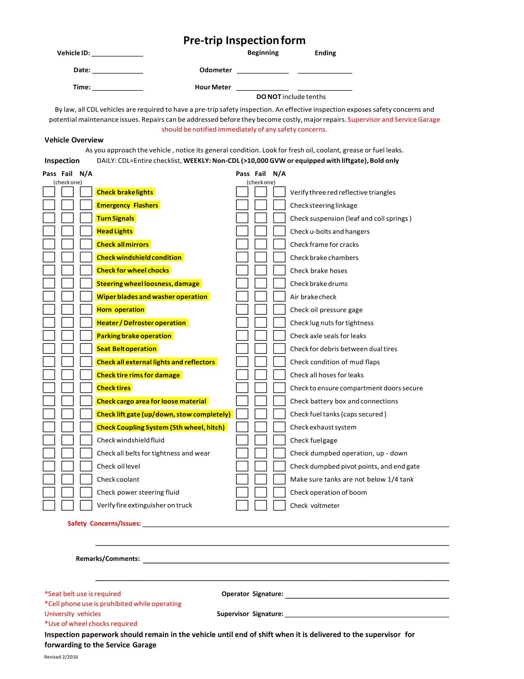 Free Printable Vehicle Inspection Form Templates PDF Word Editable