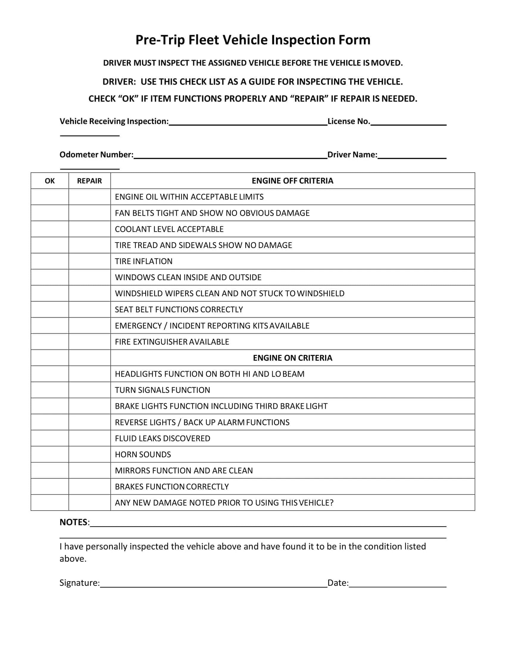 Free Printable Vehicle Inspection Form Templates PDF Word Editable