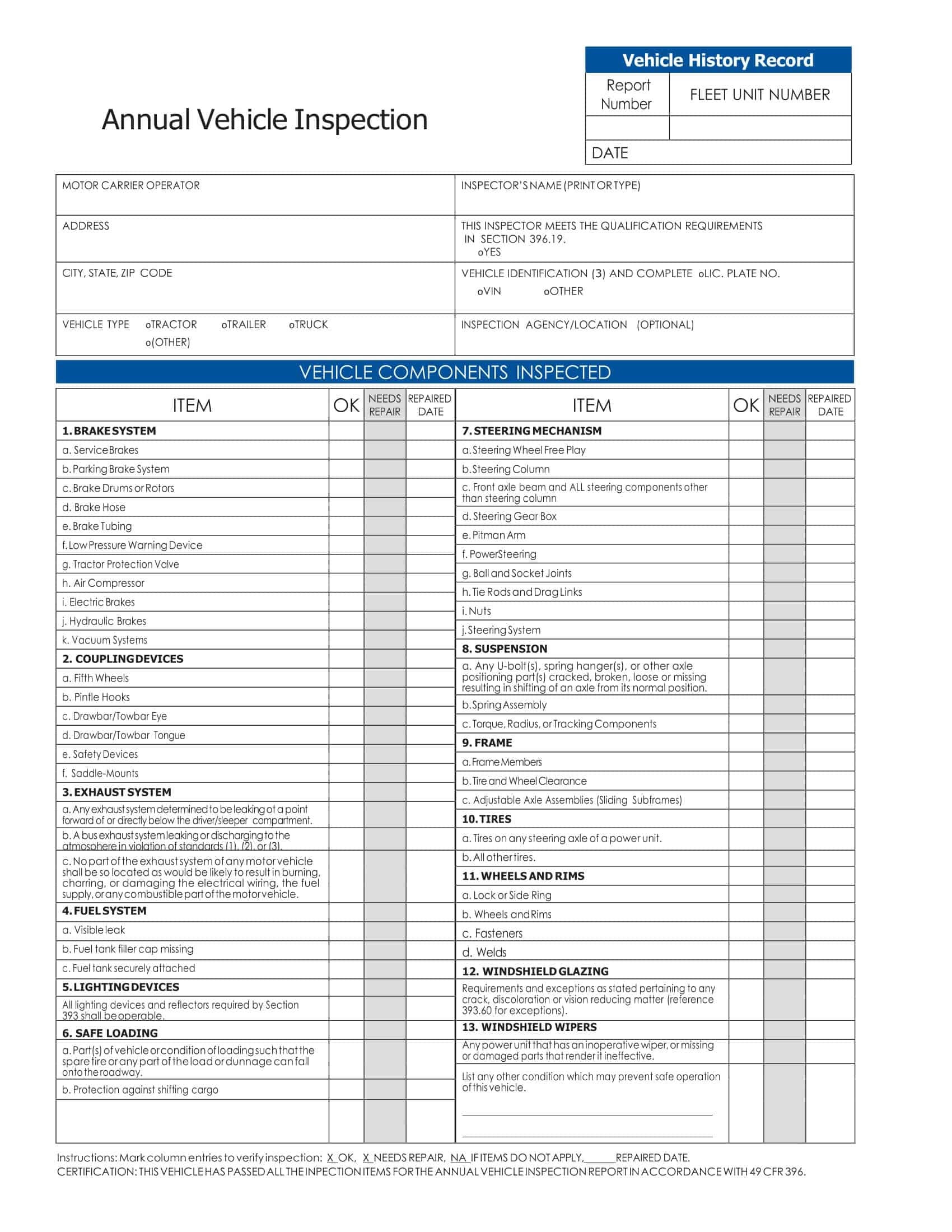 Free Printable Vehicle Inspection Form Templates PDF Word Editable