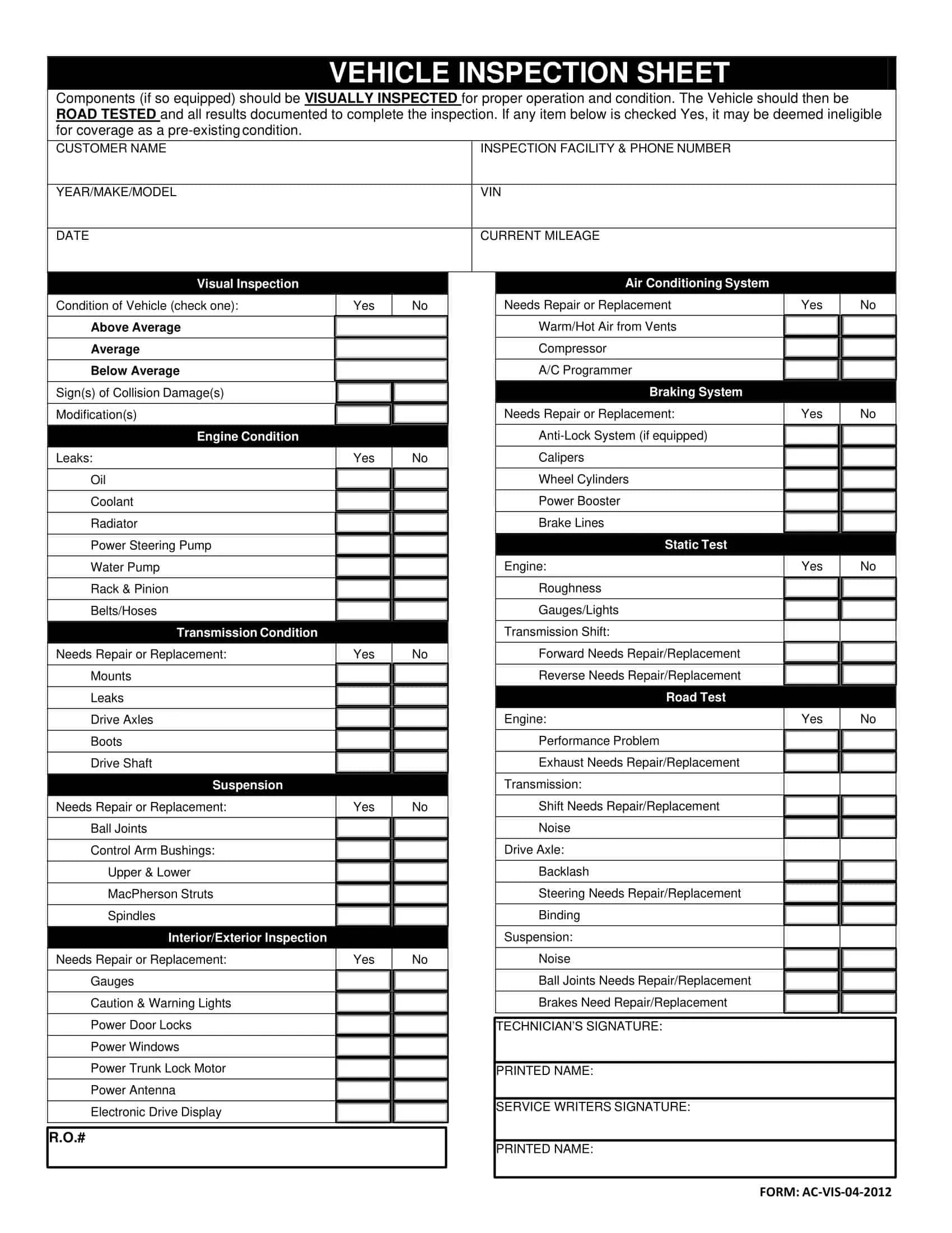 Free Printable Vehicle Inspection Form Templates PDF Word Editable