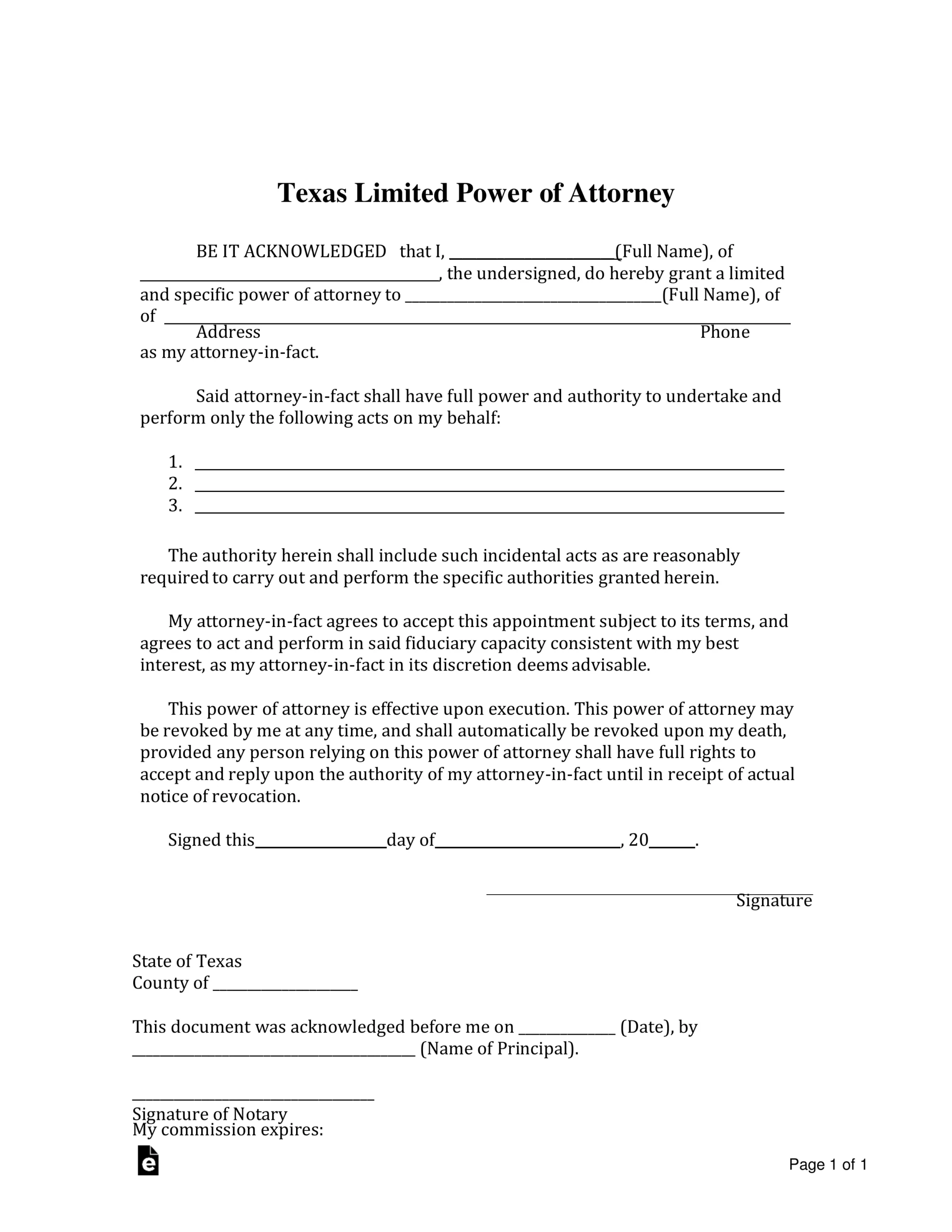 Free Texas Limited Power Of Attorney Form PDF Word EForms Free Texas Limited Power Of Attorney Form PDF Word EForms