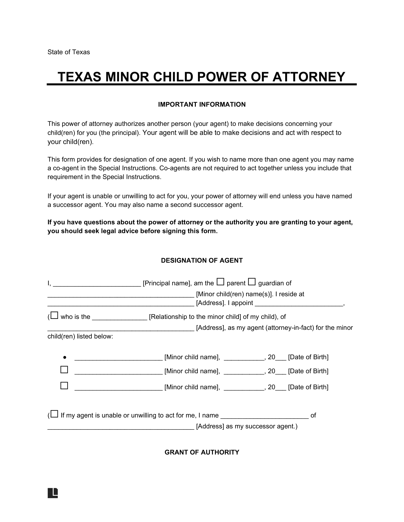 Free Texas Minor Child Power Of Attorney Form PDF Word