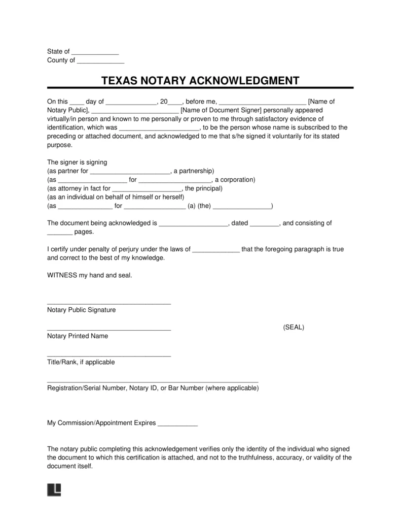 Free Texas Notary Acknowledgment Form PDF Word