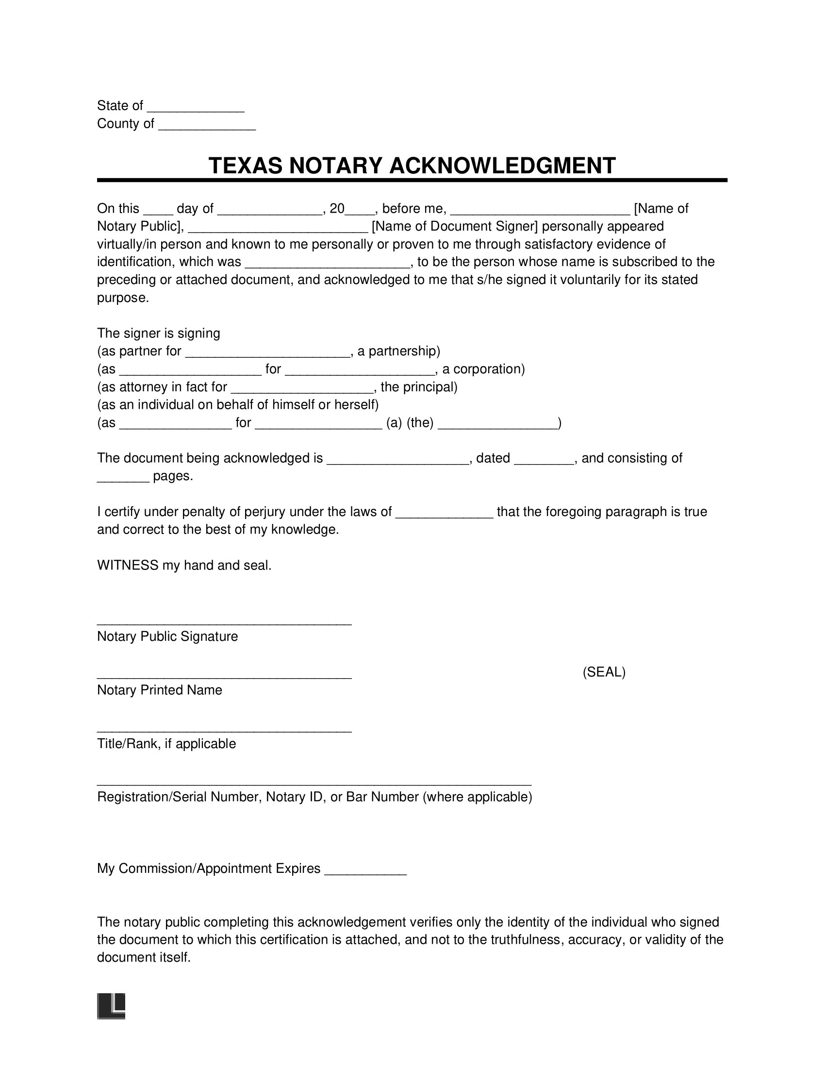 Free Texas Notary Acknowledgment Form PDF Word