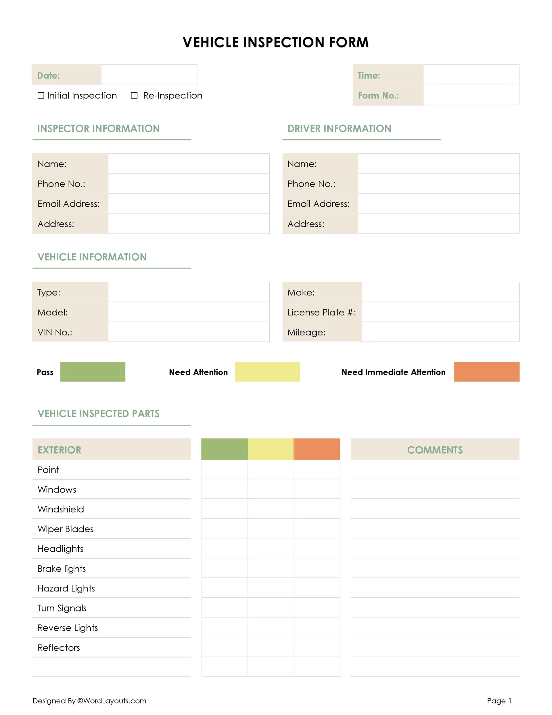 Free Vehicle Inspection Form Template WordLayouts