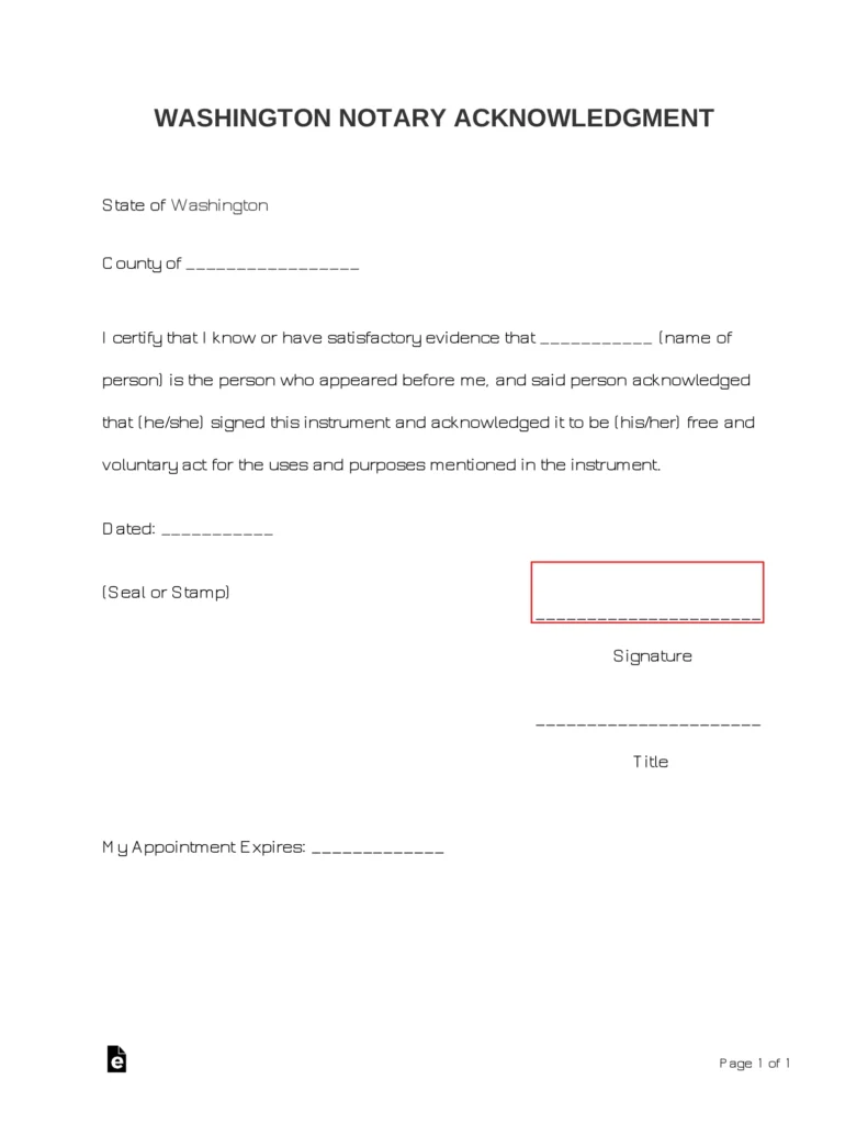 Free Washington Notary Acknowledgment Form PDF Word EForms