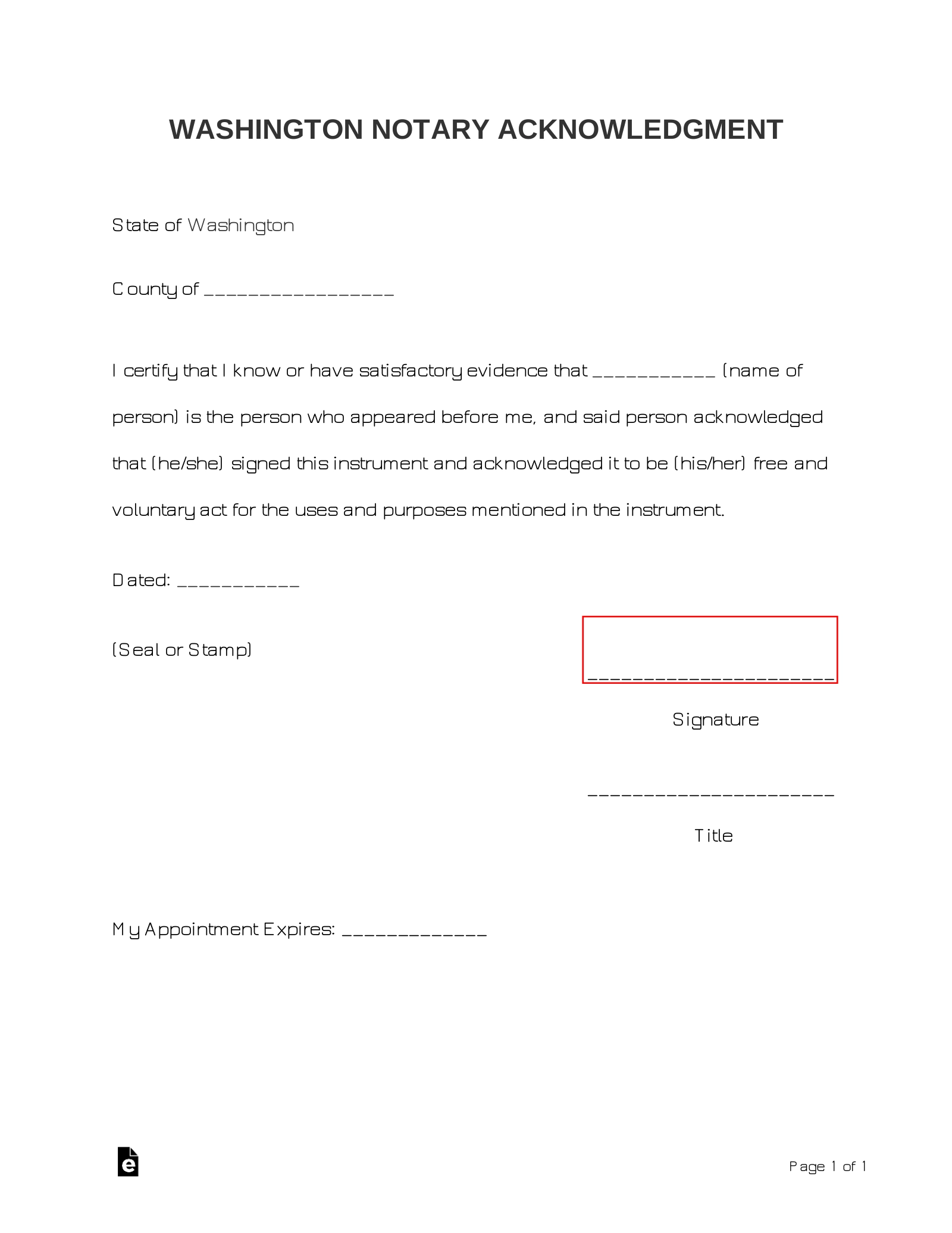 Free Washington Notary Acknowledgment Form PDF Word EForms