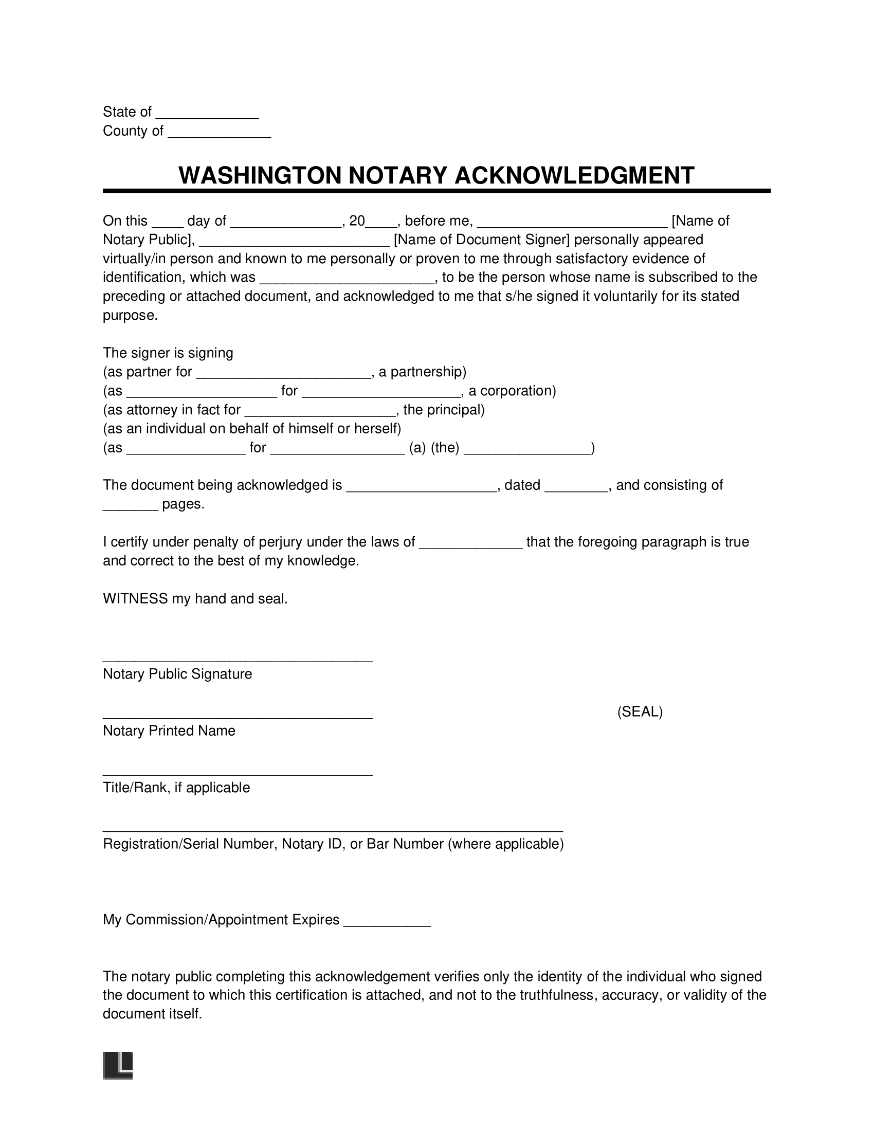 Free Washington Notary Acknowledgment Form PDF Word Free Washington Notary Acknowledgment Form PDF Word