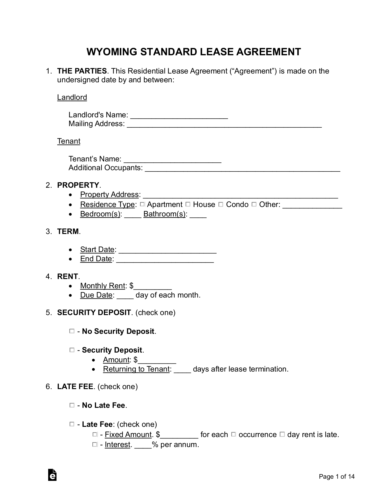 Free Wyoming Standard Residential Lease Agreement Template PDF Word EForms