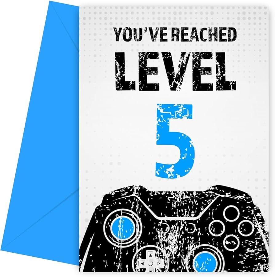 Gamer 5th Birthday Card For Boy Black Blue Reached Level 5 Bday Card For Son Great Grandson Nephew Or Brother Gaming Happy Birthday Card For 5 Year Old Greeting Cards 