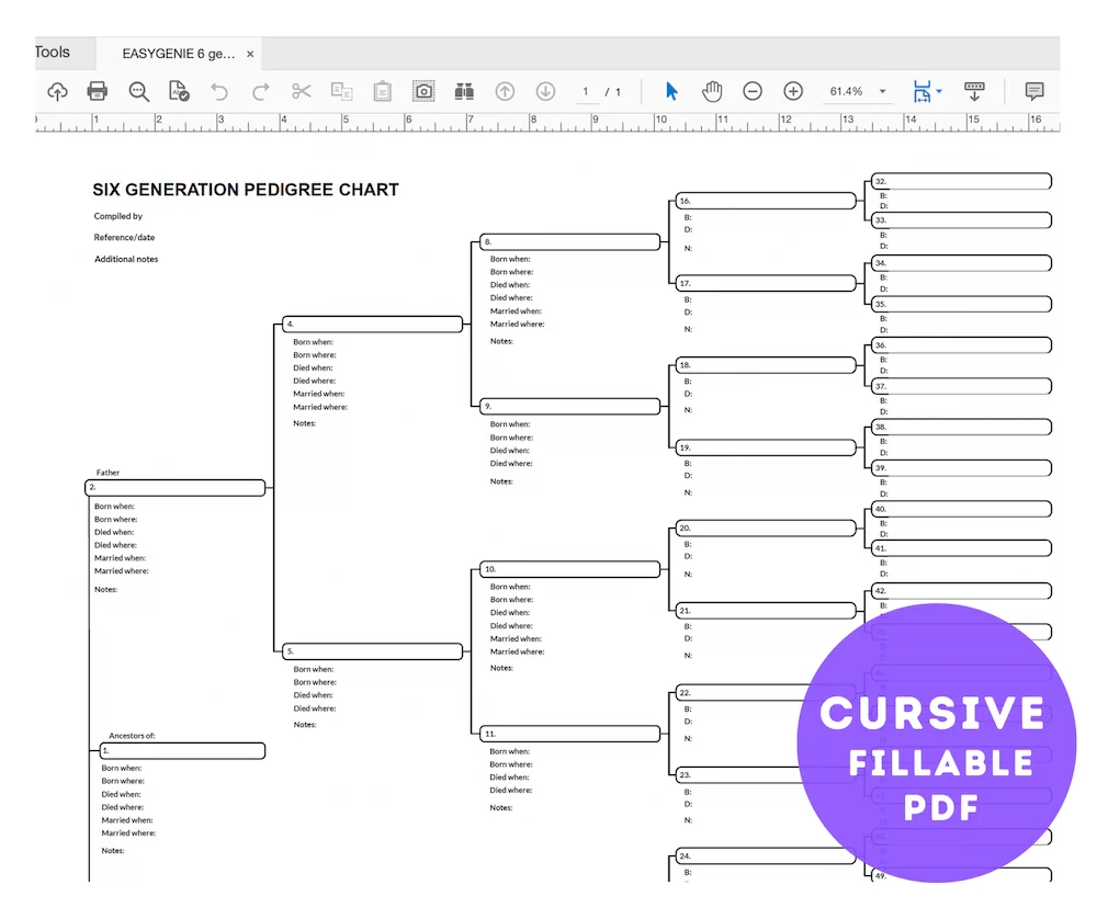Genealogy PDF 6 Generation Pedigree Chart Cursive Text Entry Aramis EasyGenie