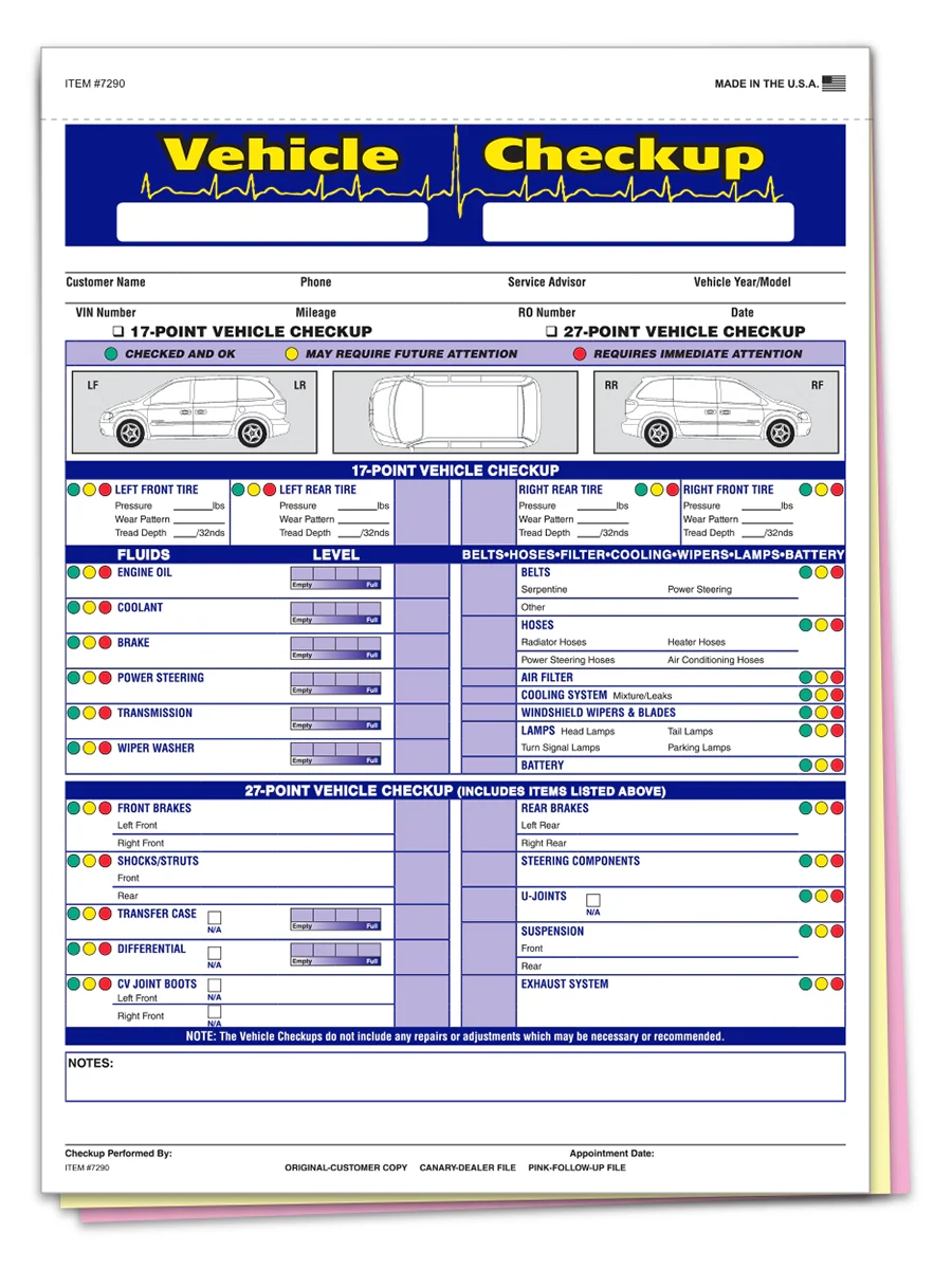 Generic Multi Point Inspection Form 3 Part Vehicle Checkup LotDrop