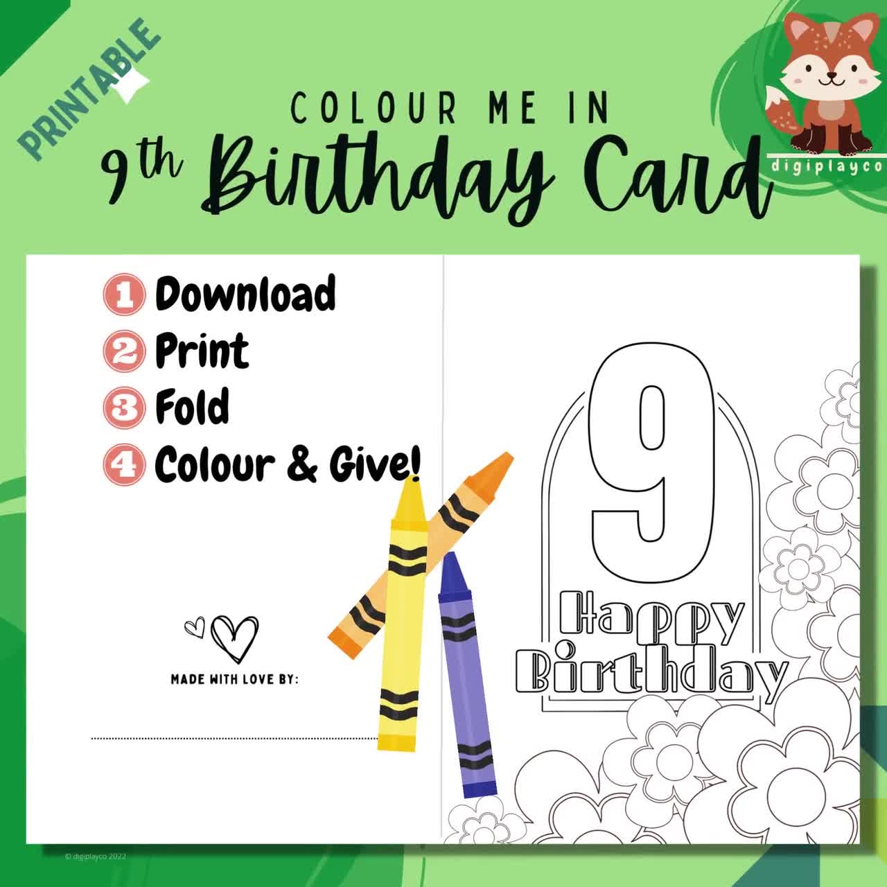 Happy 9th Birthday Floral Card Printable Colour In Kids 9 Year Old Nine Digital PDF Download Coloring Activity Children DIY Handmade Etsy
