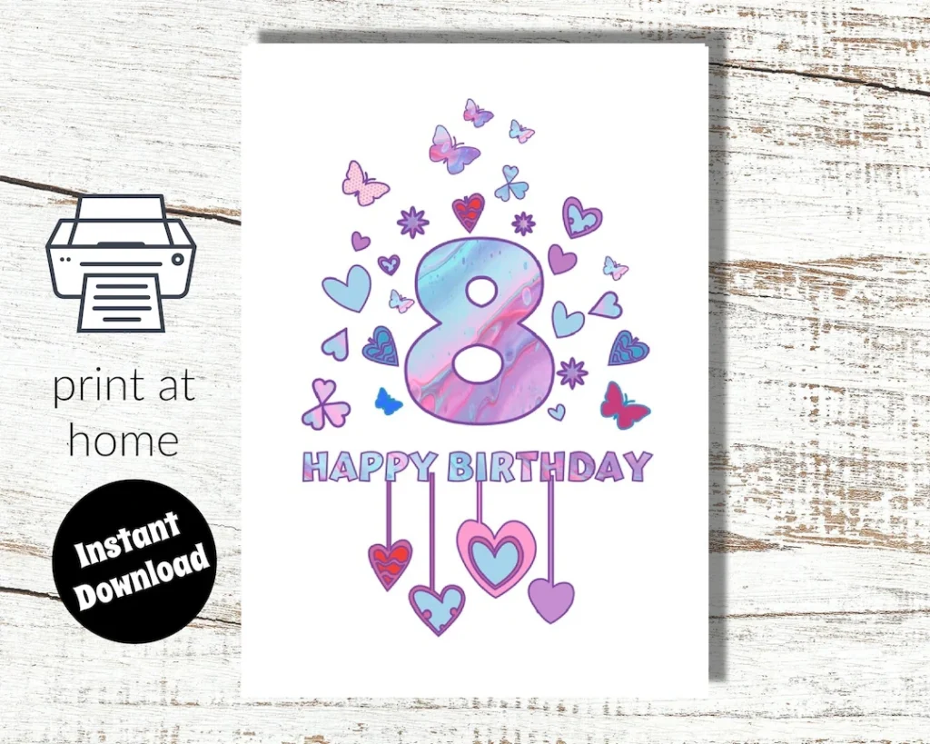 Instant Download And Print At Home Pink 8th Birthday Digital Card For Girl 8 Years Old Etsy
