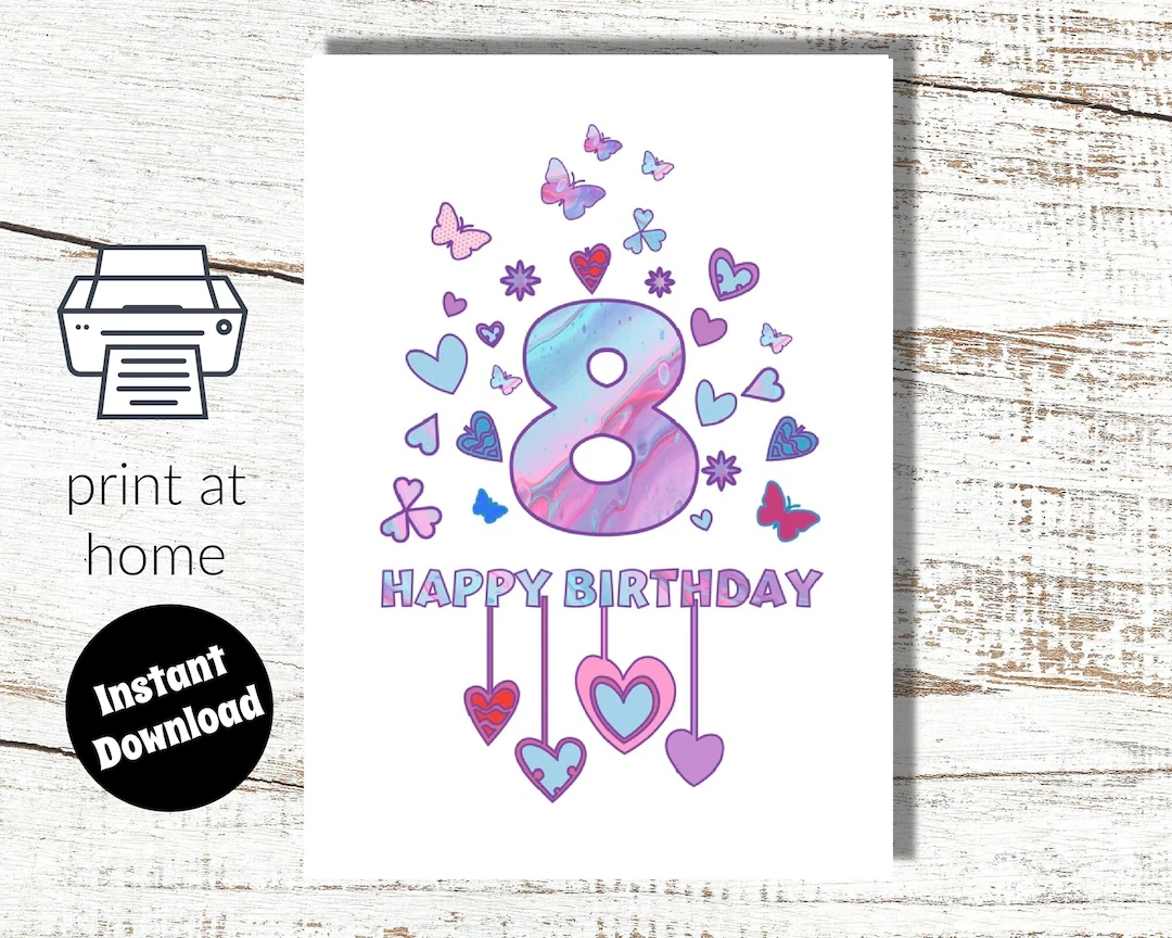 Instant Download And Print At Home Pink 8th Birthday Digital Card For Girl 8 Years Old Etsy