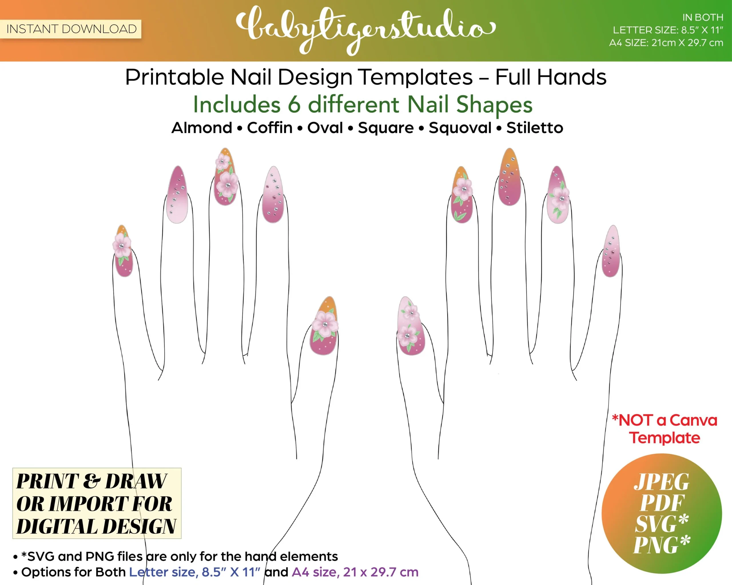 Instant Download FULL HANDS Printable Nail Design Templates In Stiletto Almond Coffin Square Oval And Squoval Shaped Nails Etsy