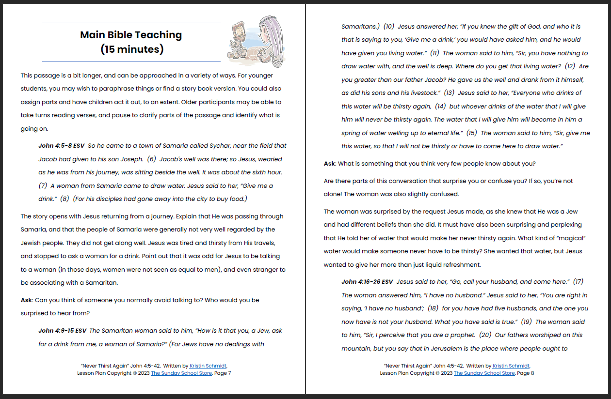 Jesus And The Woman At The Well John 4 Printable Bible Lesson Sund Sunday School Store