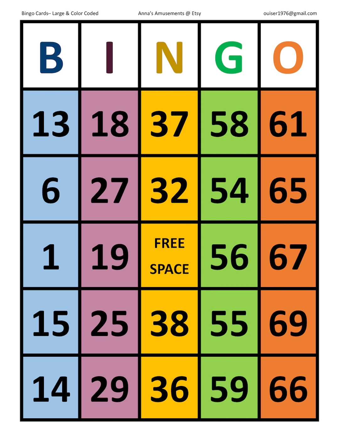 Large Print Color coded Bingo Cards Etsy Australia