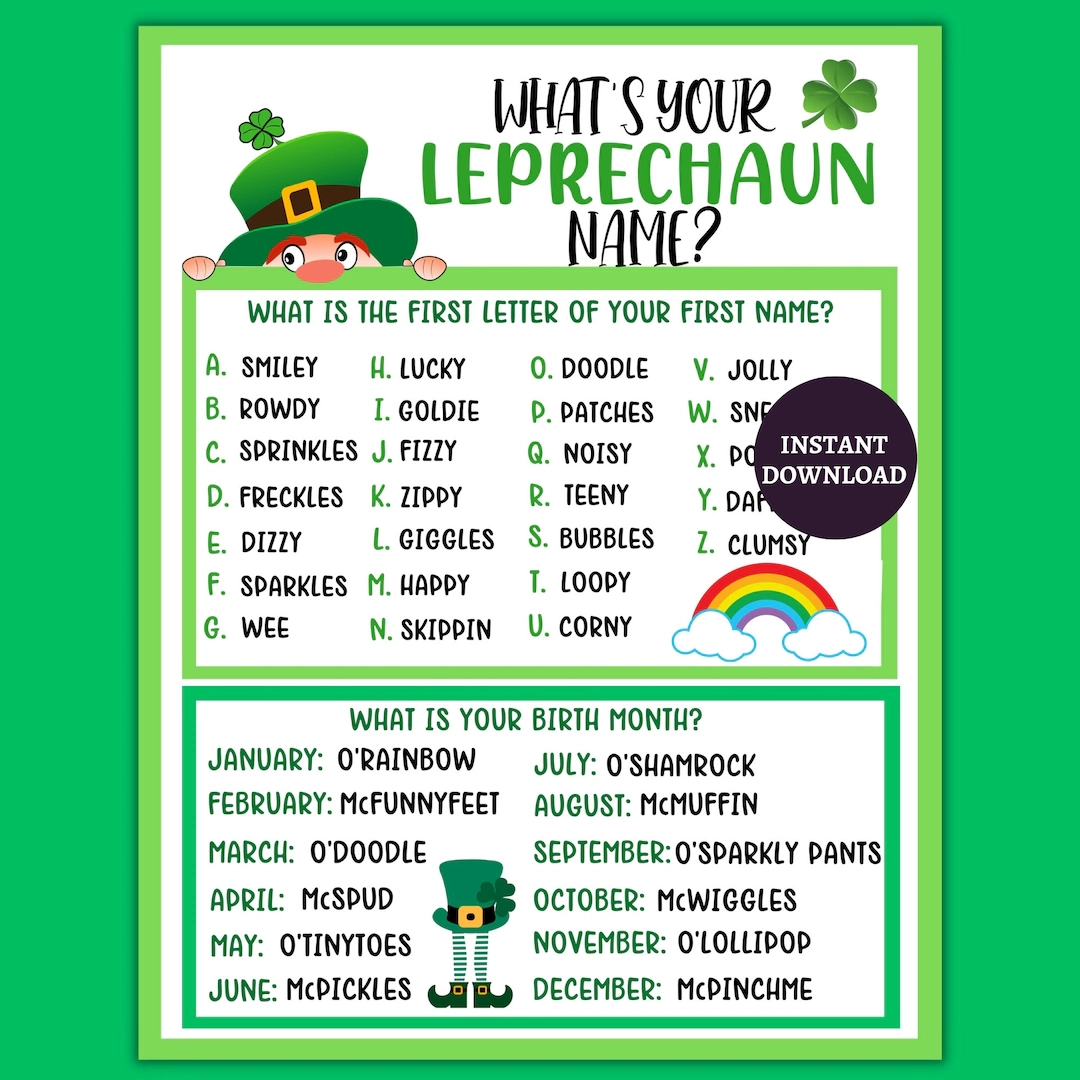 Leprechaun Name Game What s Your Leprechaun Name St Patricks Day Fun For Party And Classroom And Office Printable St Patricks Day Game Etsy Israel Leprechaun Name Game What s Your Leprechaun Name St Patricks Day Fun For Party And Classroom And Office Printable St Patricks Day Game Etsy Israel