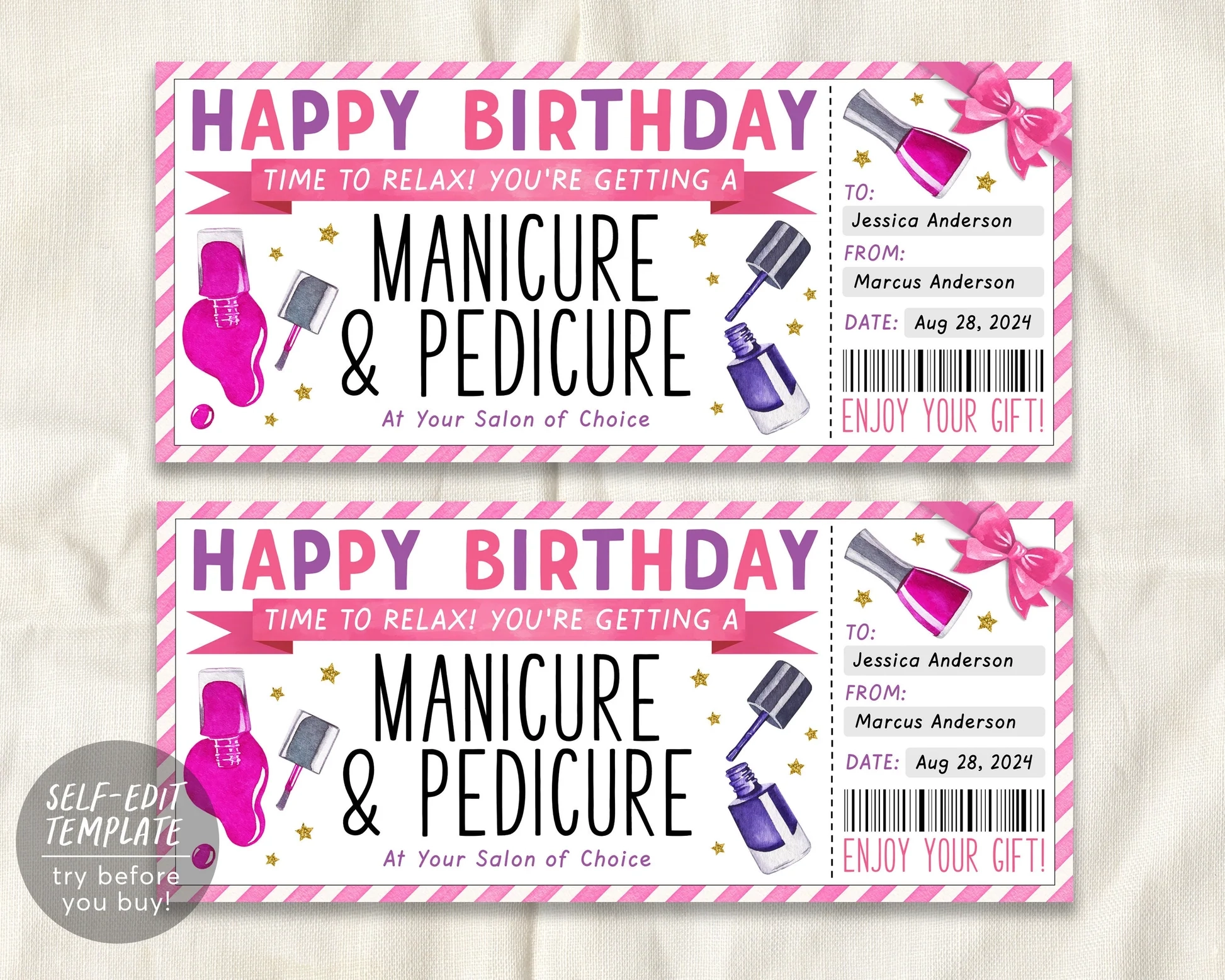 Mani Pedi Ticket Editable Template Birthday Manicure Pedicure Gift Ce Puff Paper Co