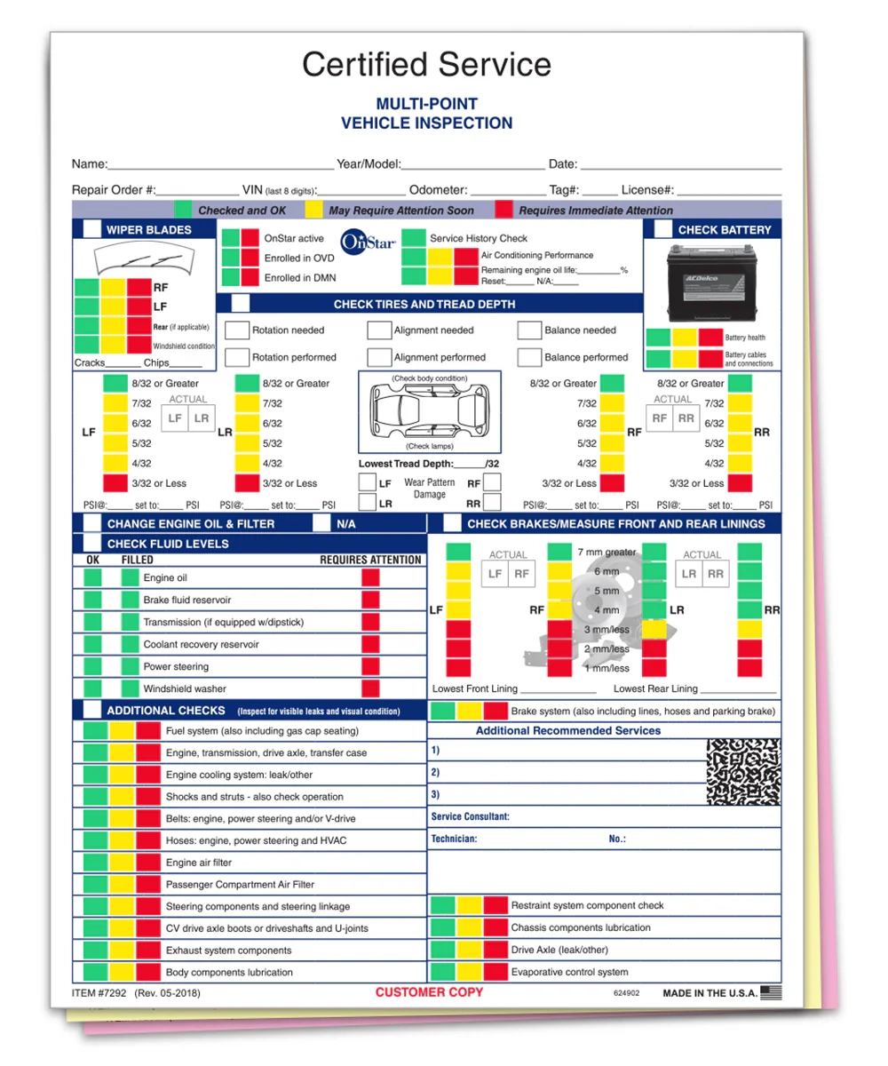 Mfr Specific Multi Point Inspection Form 3 Part General Motors LotDrop