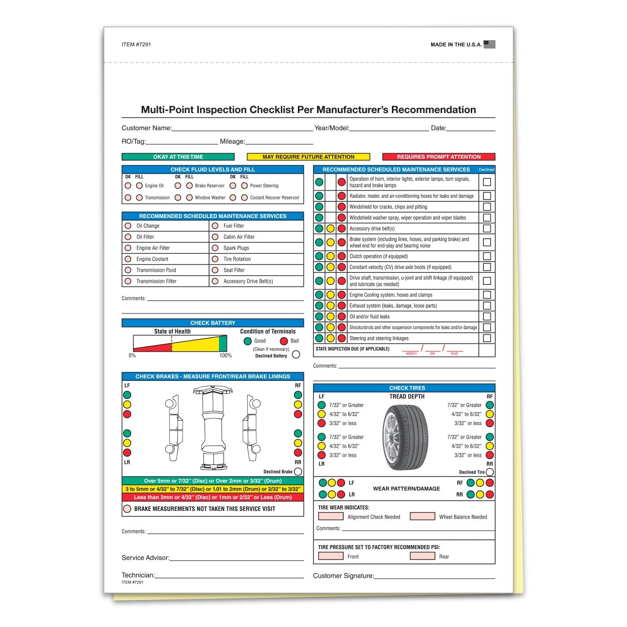Multi Point Inspection Checklist Sheets With Customer Copy