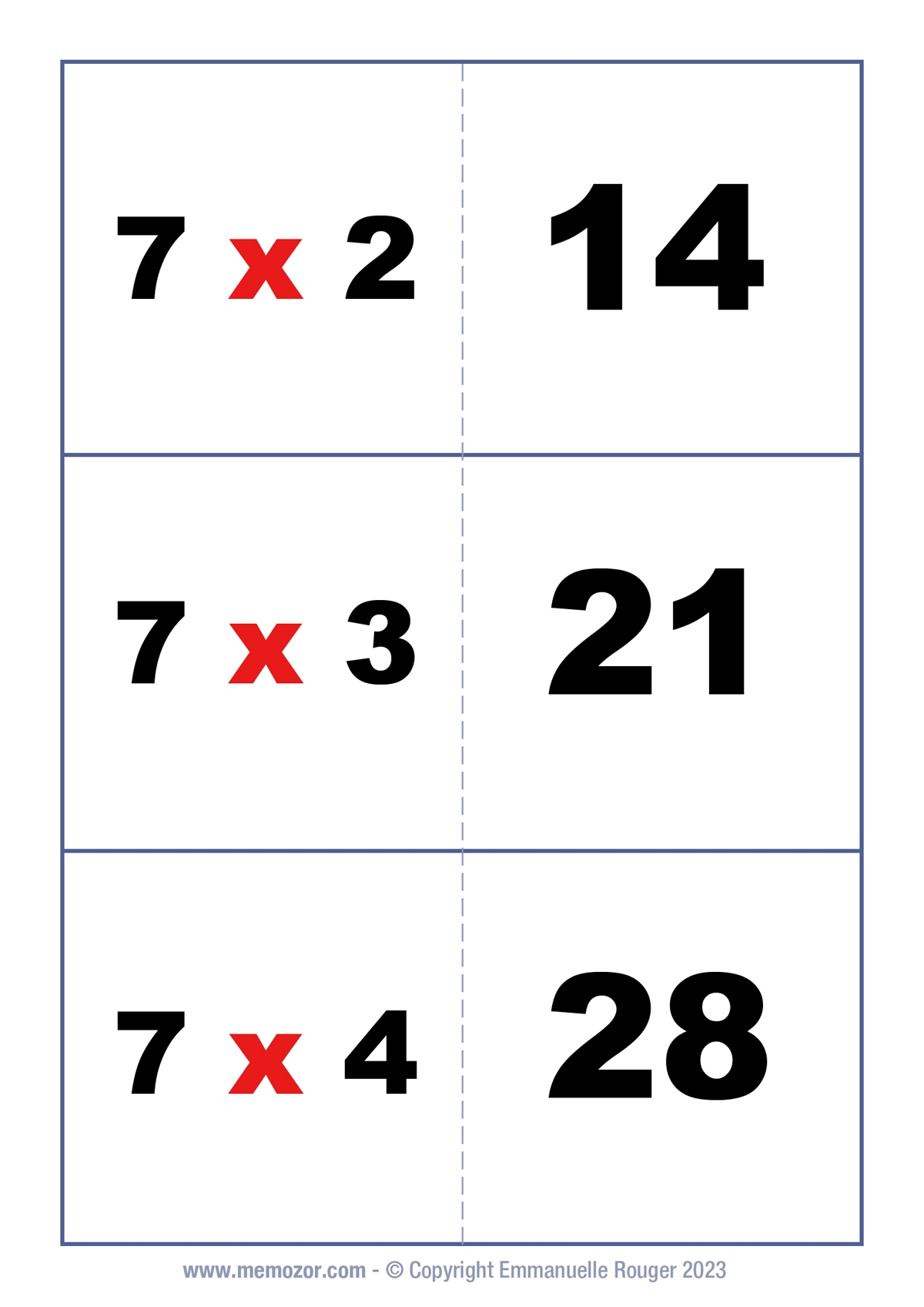 Multiplication Flash Cards 7 Times Table Free Memozor