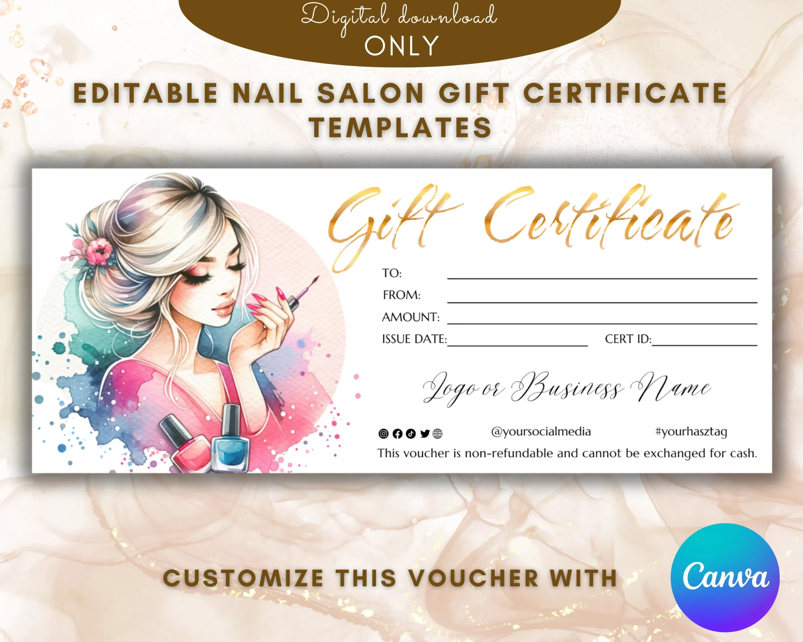 Nail Salon Gift Certificate Template Elegant Manicure Gift Card Template Gift Voucher Printable Voucher EDITABLE Beauty Salon Gift Etsy