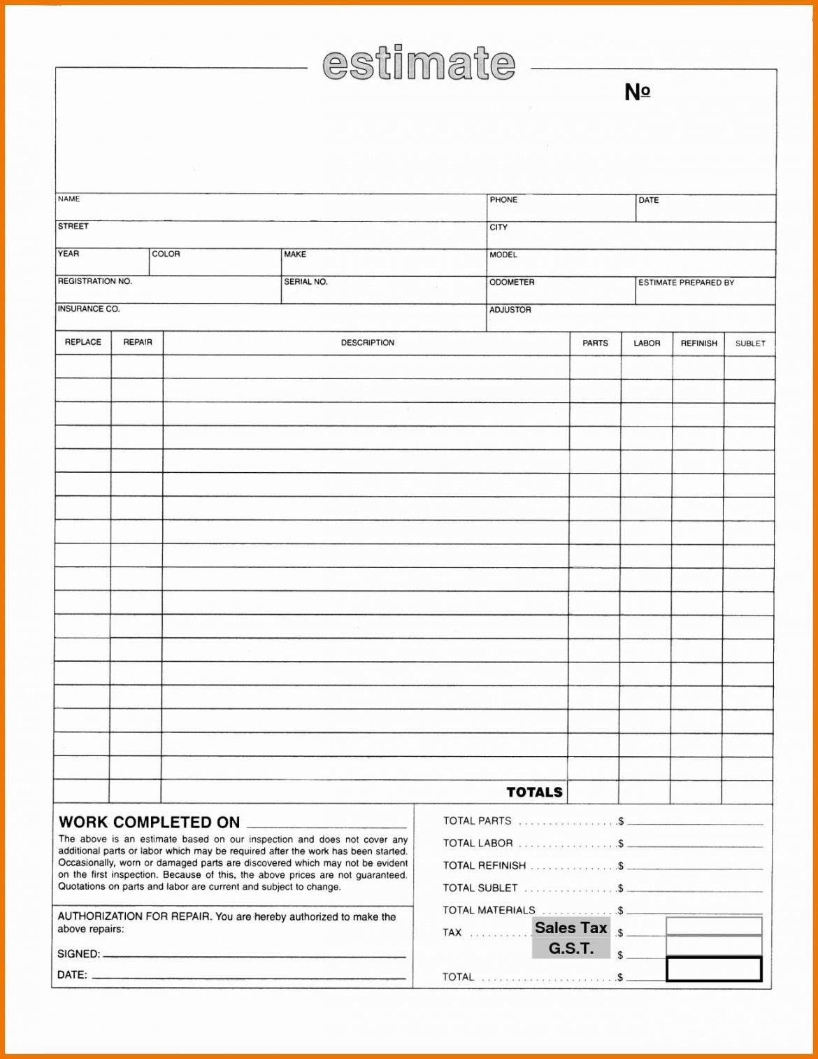 New Estimate Template Free Exceltemplate Xls Xlstemplate Body Shop Estimate Form Template Pdf 