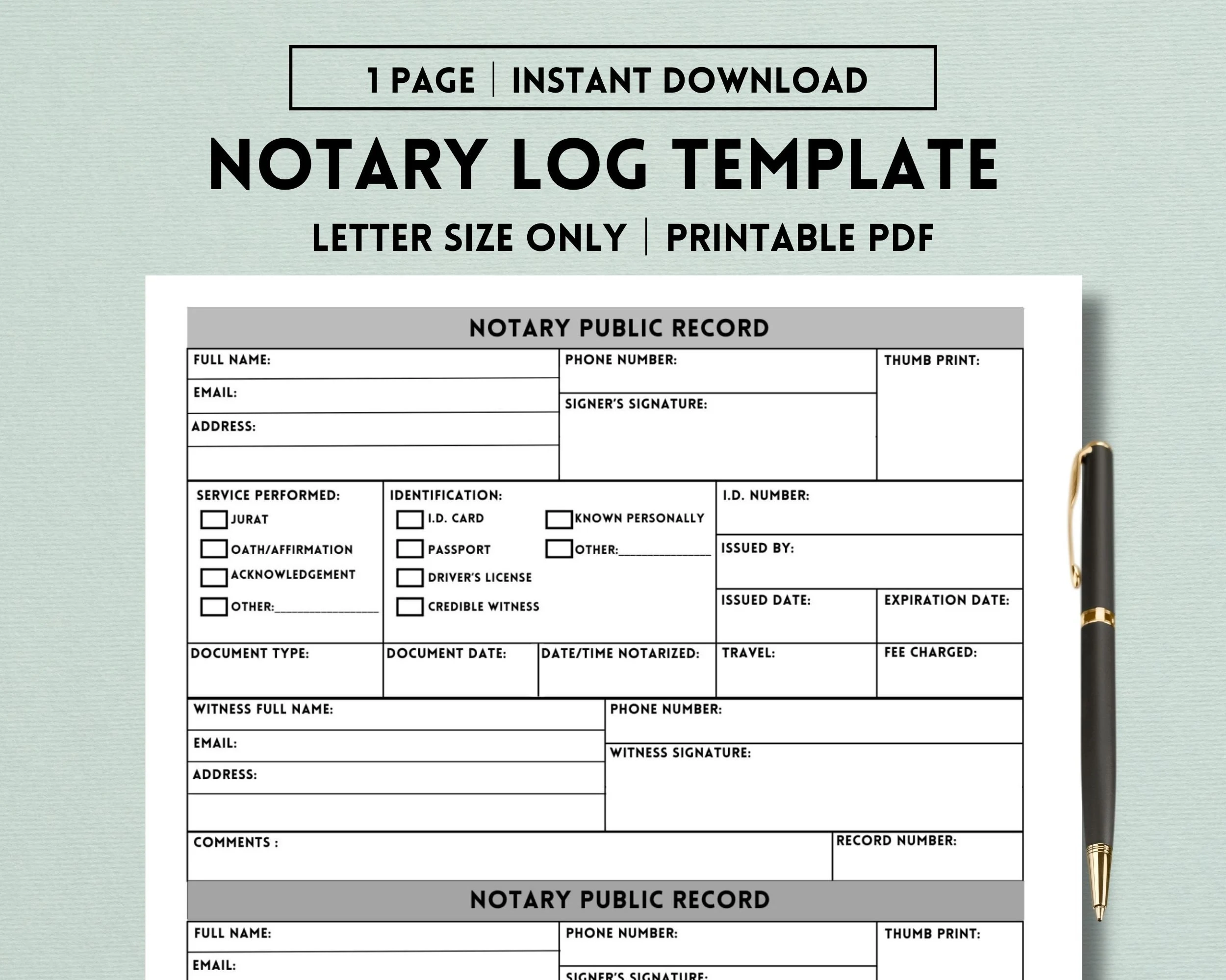 Notary Log Printable Notary Public Record Notary Journal Notary Book Printable PDF Notary Logbook Notary Tracker Template Downloadable Etsy