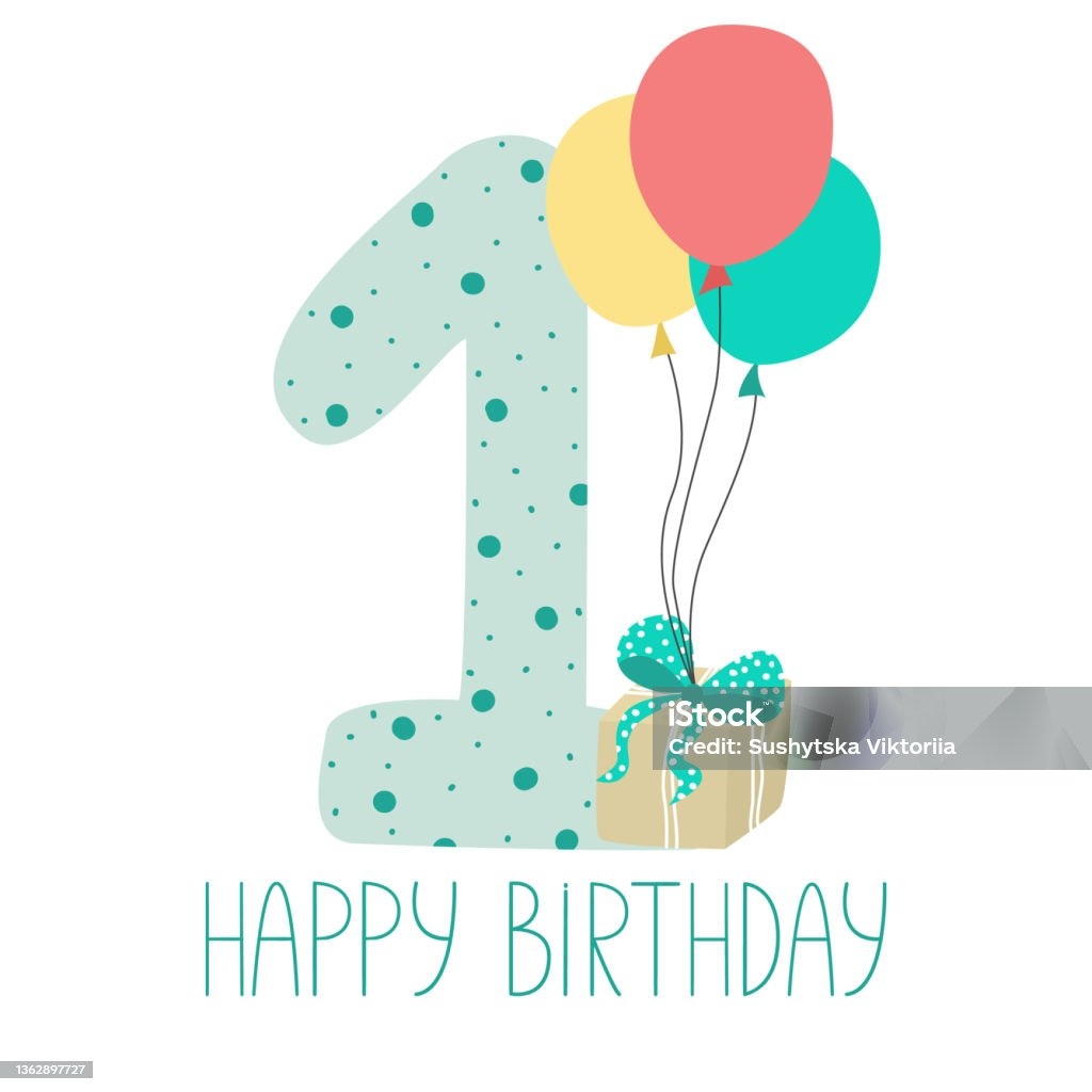 One Year Baby Birthday Card In Cartoon Style Printable Number 1 Birthday Postcard Template Balloons Gift Box And Number One Stock Illustration Download Image Now IStock