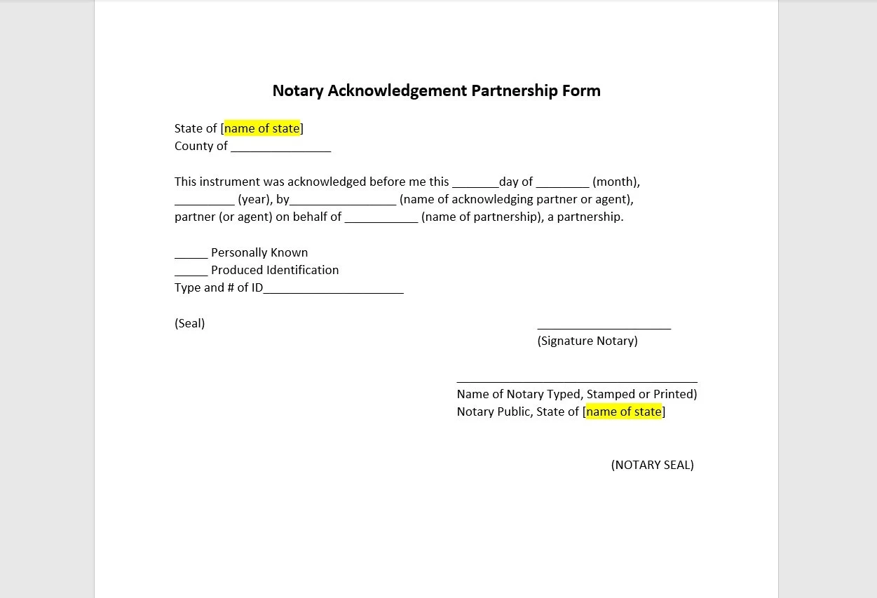 Partnership Notary Acknowledgement Form Notary Acknowledgement Form Template Notary Acknowledgement Simple Letter Word Template Etsy