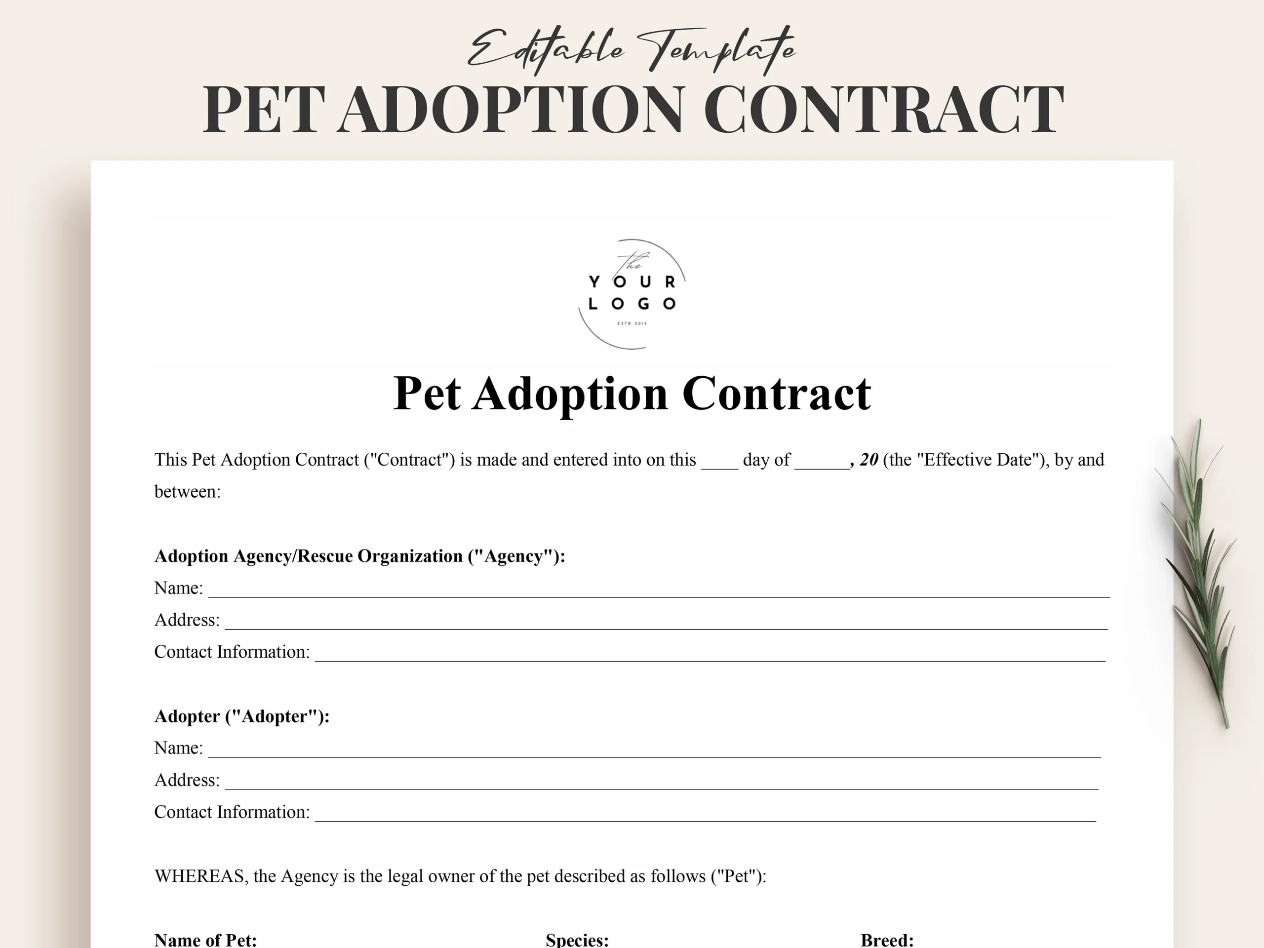 Pet Adoption Contract Template Printable Pet Agreement Form For Breeders Rescue Centers Dog Cat Animal Adoption Paperwork PDF Etsy Israel