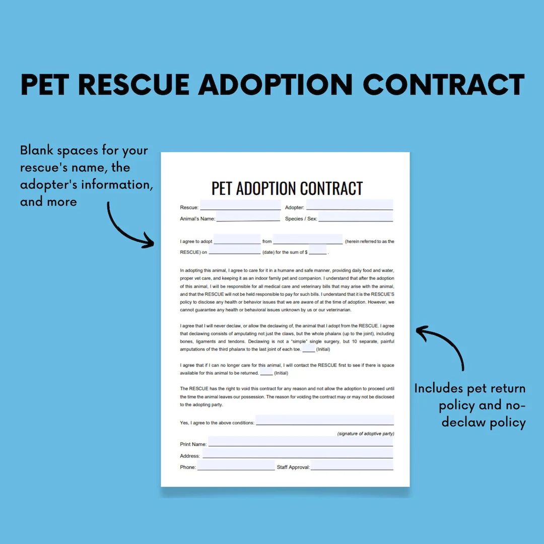 Pet Adoption Contract Template Shelter Rescue Form WORD PDF Etsy