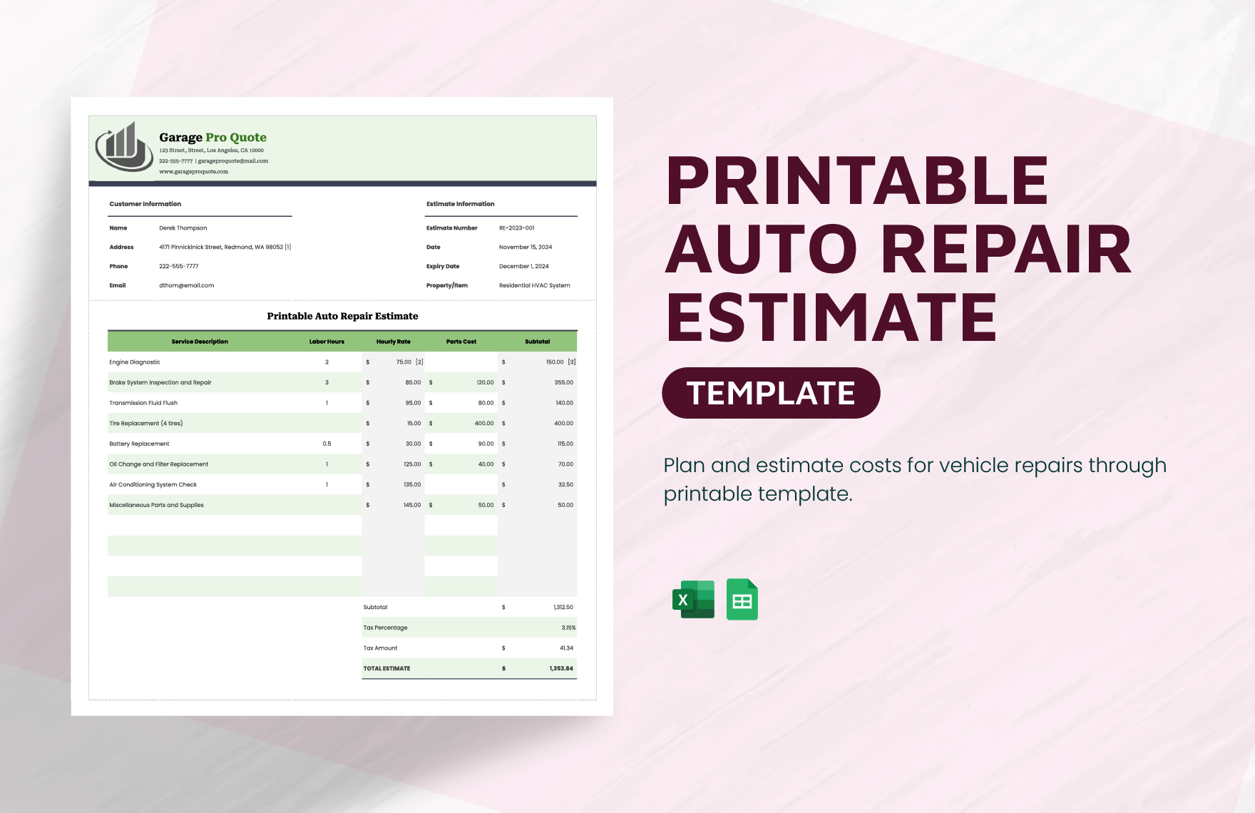 Printable Auto Repair Estimate Template Template